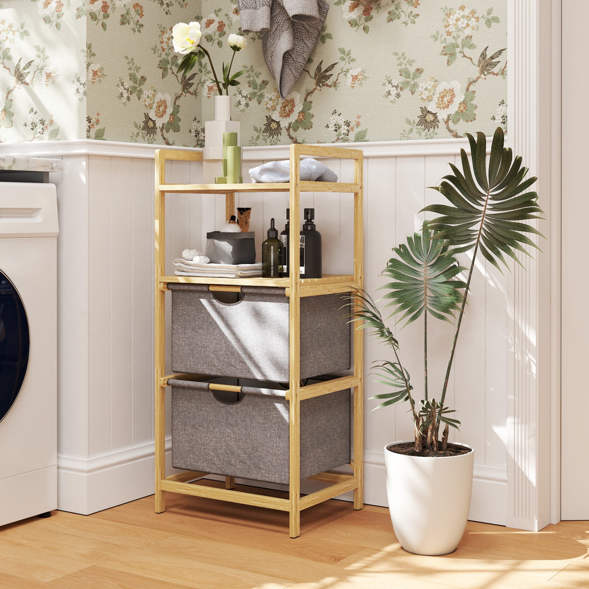 HOMCOM Wäschekorb mit 2 Wäschekörben aus Stoff, offene Ablagen (Wäschebox, günstig online kaufen