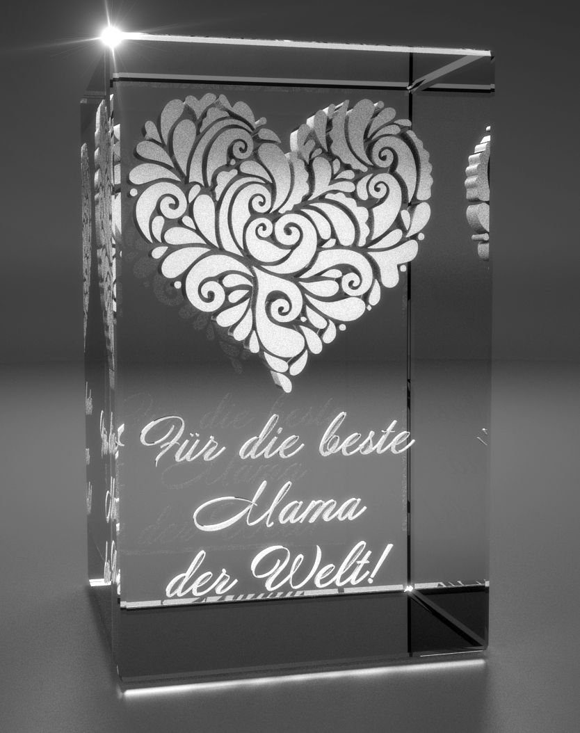 VIP-LASER Dekofigur 3D Motiv: Beste Verziertes Herz in Glasquader Mama Germany, Made Geschenkbox, Hochwertige Familienbetrieb Welt, I der