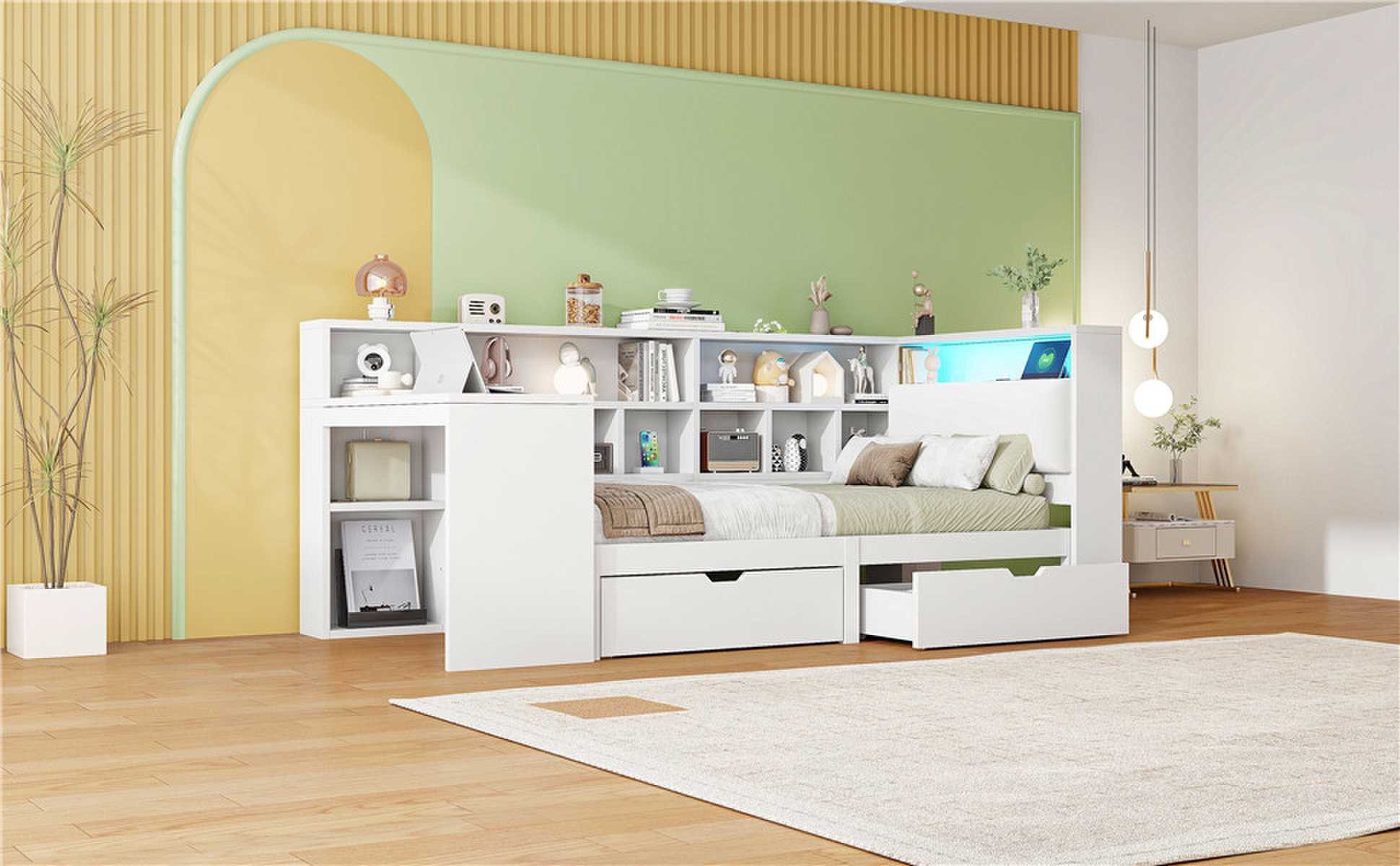 BlingBin Stauraumbett Daybett Tagesbett Einzelbett Kinderbett Jugendbett (1-tlg., mit Schreibtisch, Bücherregal, Stauraum, gepolstertem Kopfteil und LED), Multifunktionales 90×200 für Jugendzimmer, Studentenwohnung