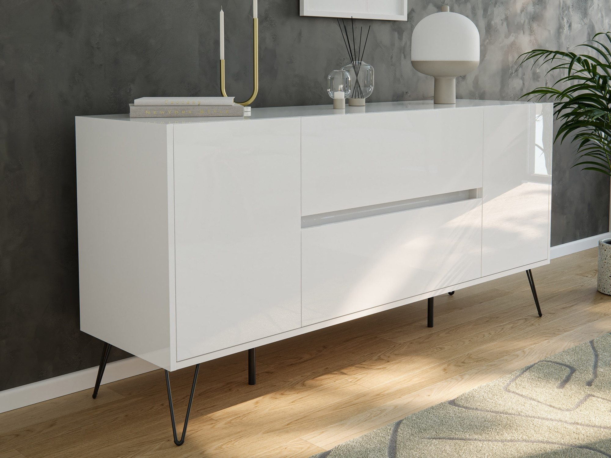 Magnolia Home Sideboard Sideboard Yako 155cm 2 SoftClose 2 Türen Weiß hochglanz