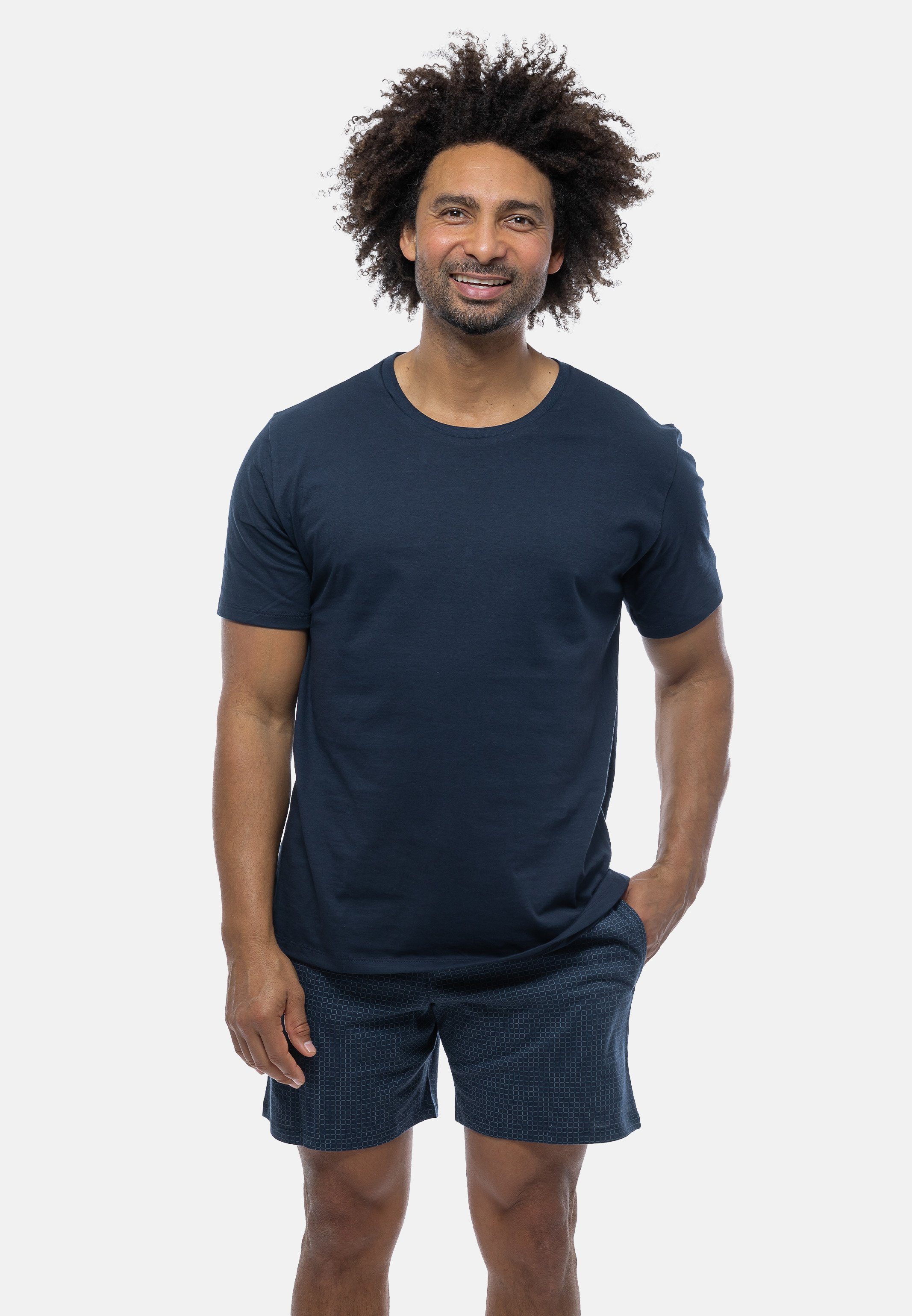 2 - Pyjama Blau (Set, Rundhals-Ausschnitt gemustert Kurzarm-Shirt Schlafanzug mit - Baumwolle Schiesser Mix tlg)