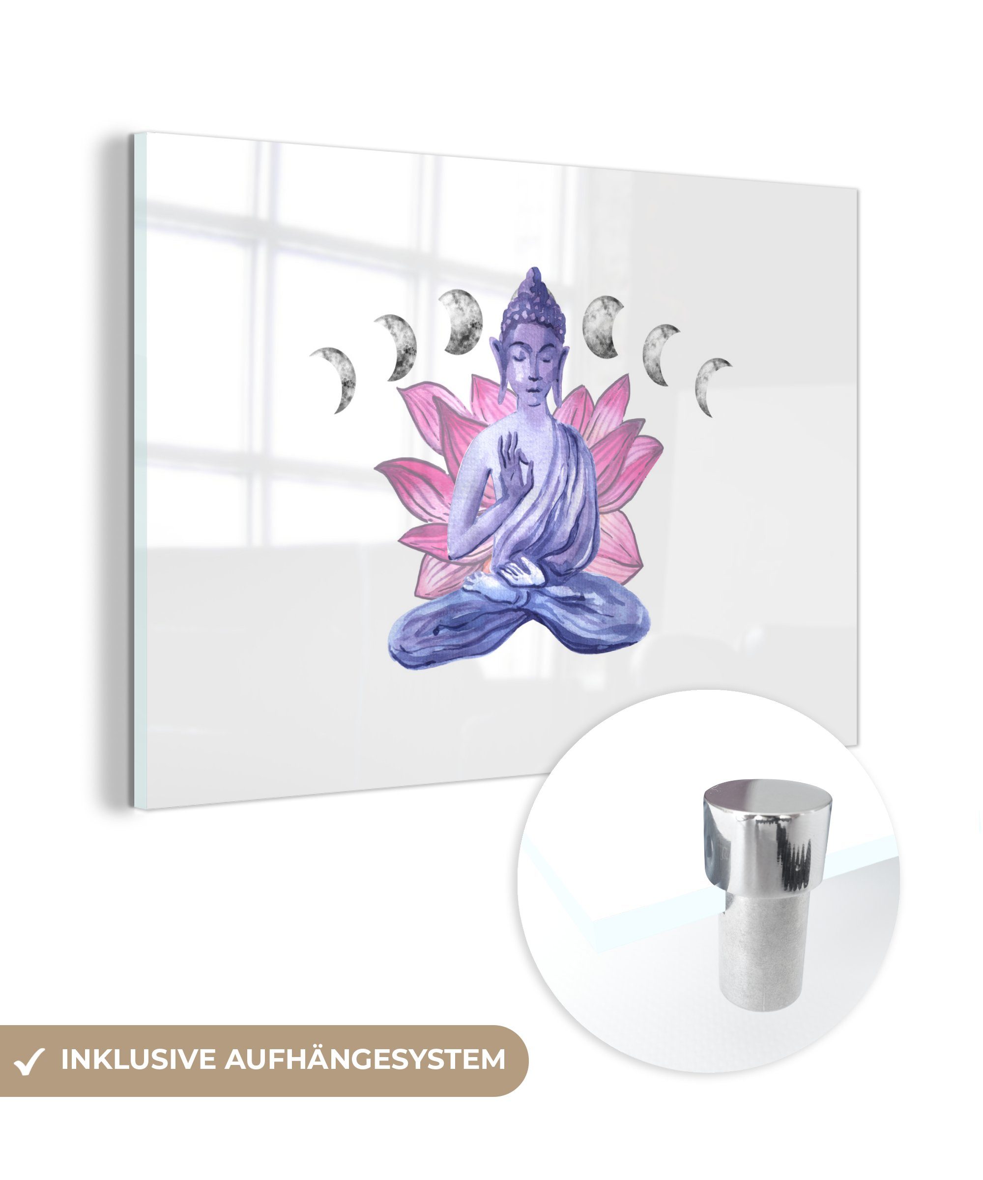 MuchoWow Acrylglasbild Buddha - Blumen - Mond, (1 St), Acrylglasbilder Wohnzimmer & Schlafzimmer