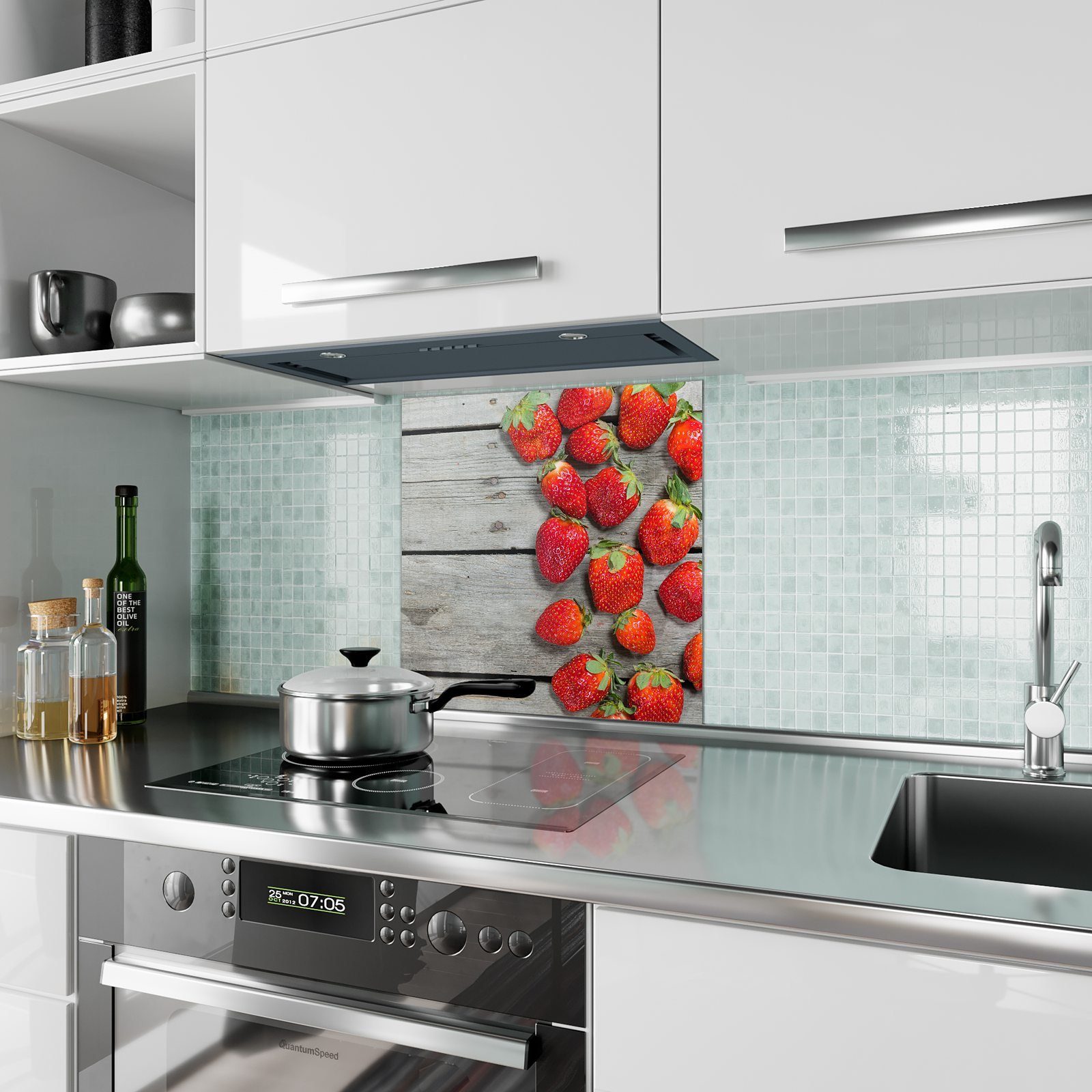 Holz mit Motiv Glas Erdbeeren Küchenrückwand Spritzschutz Küchenrückwand auf Primedeco