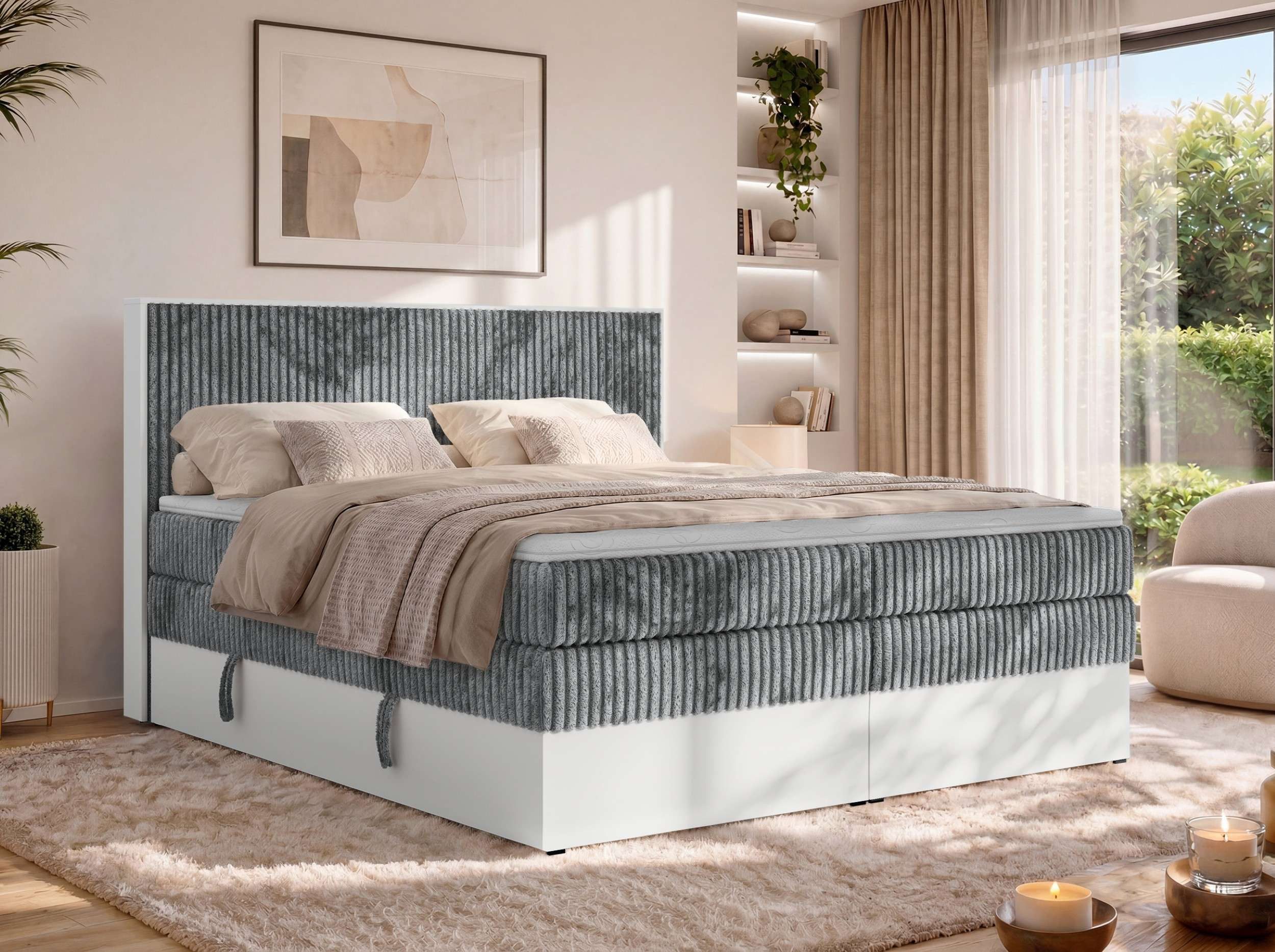 MKS MÖBEL Boxspringbett TRAVIT KING (mit Stauraum, Set, inkl. 2 Multipocket Matratzen und Topper (T25/Visco), Cord-Bezug), weiße Deko-Möbelplattenelementen, H3/H4, 140x200–200x200