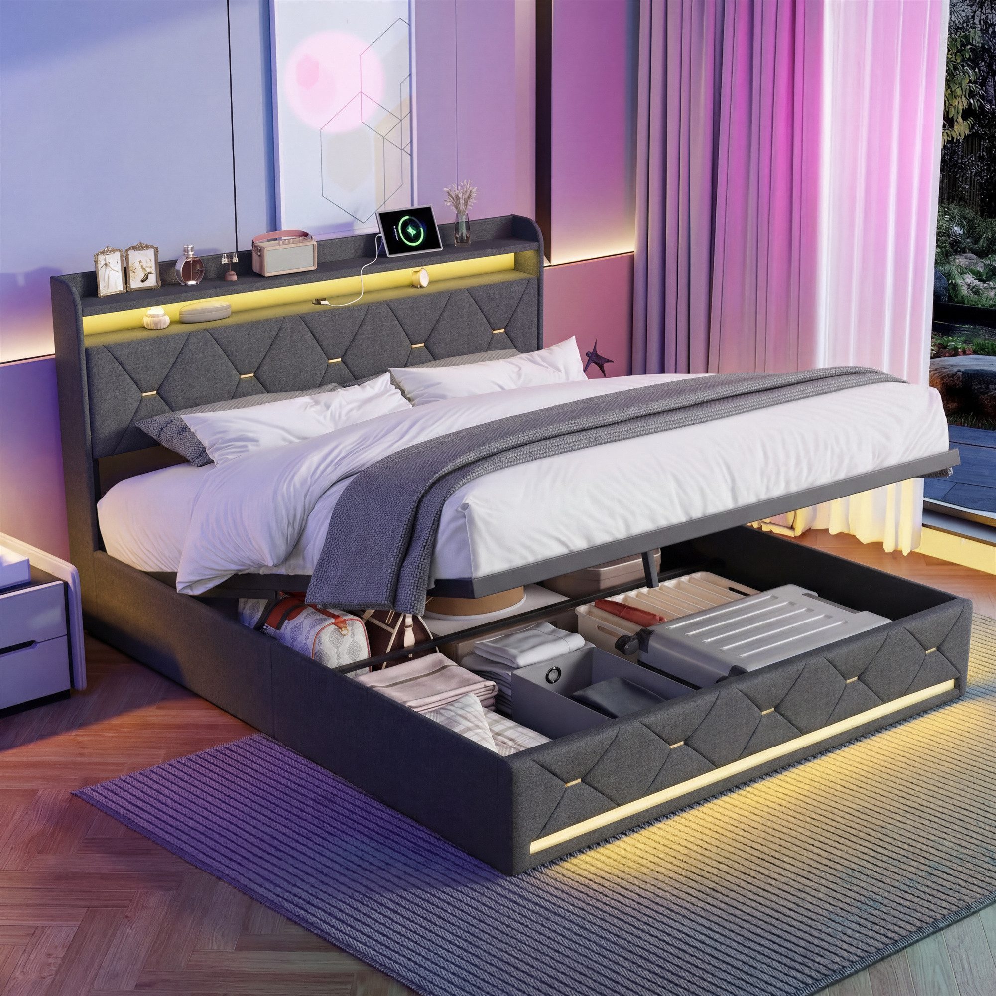 PXloue Polsterbett LED Doppelbett, Bettkasten, Ladefunktion, Leinen, 140x200 cm