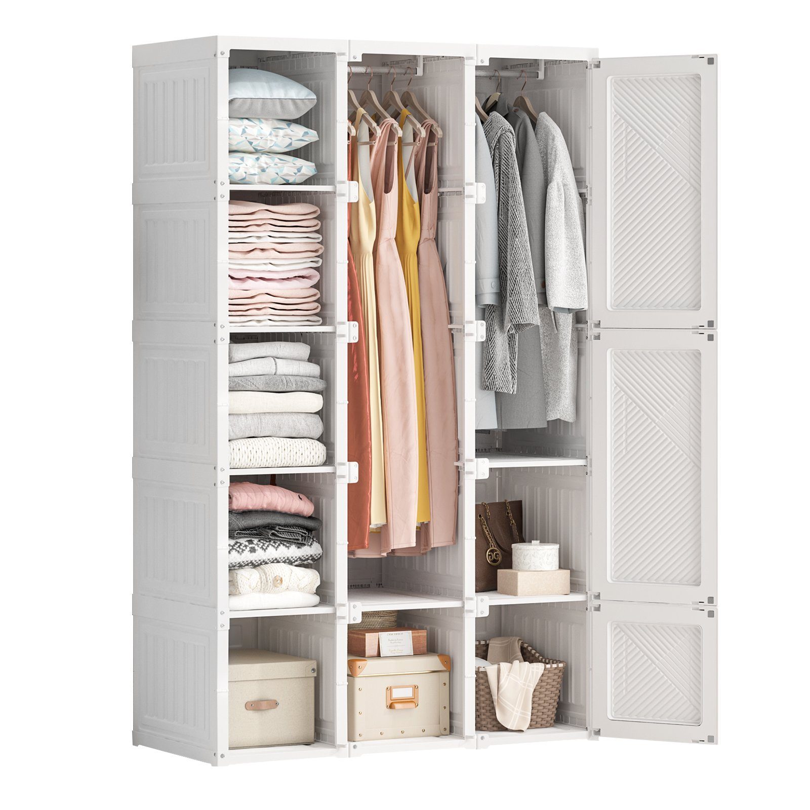 Kleiderschrank (faltbar Kleiderschränke Garderobenschrank) inkl. 11 Tür mit magnetverschluss und 2 Kleiderstange, Weiß