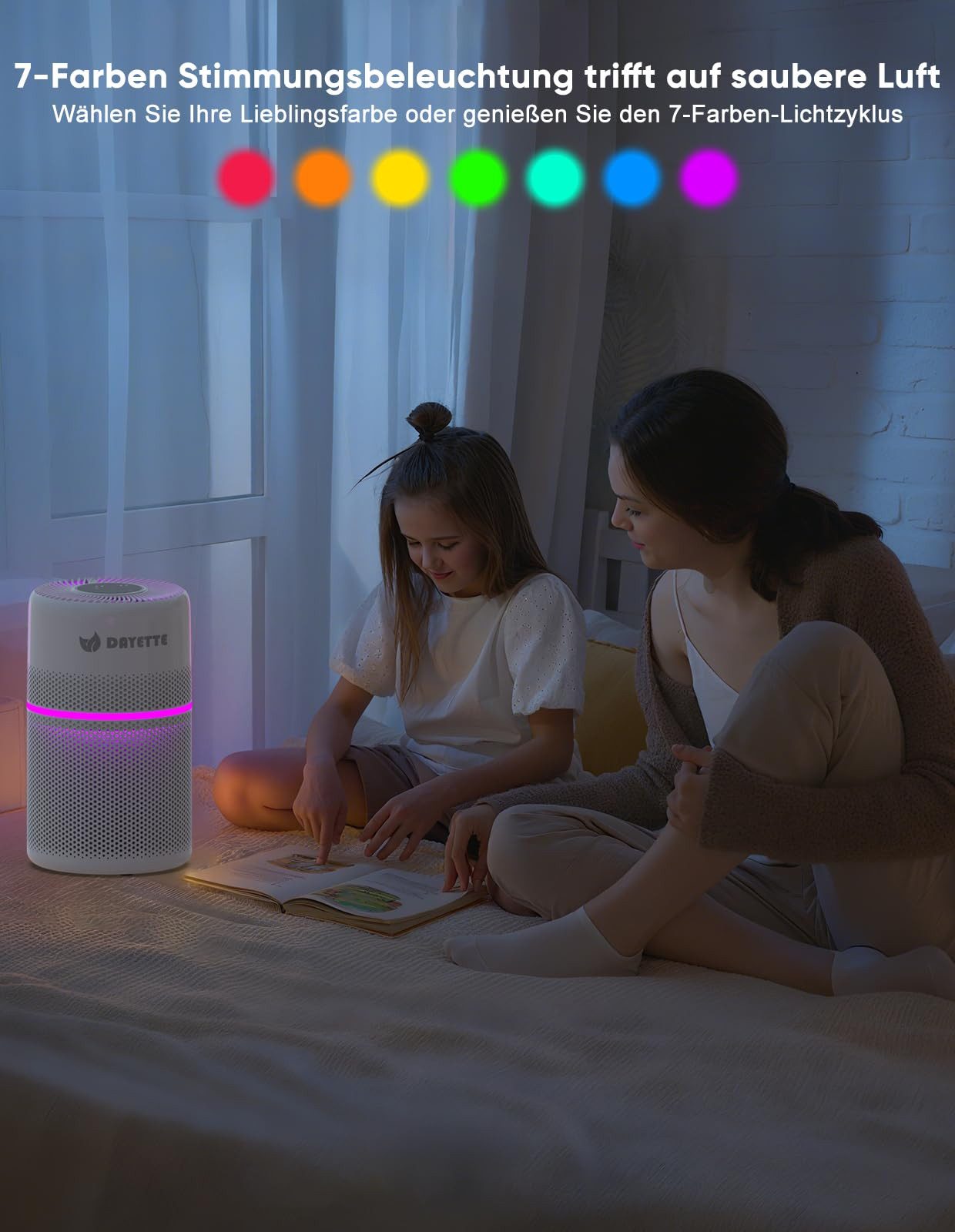 DAYETTE Luftreiniger mit HEPA Filter Smart App & Alexa Steuerung für Zuhause 7-Farben licht, für 90 m² Räume, 20dBUltra Leise im Schlafmodus entfernt Tierhaare Pollen Staub Gerüche