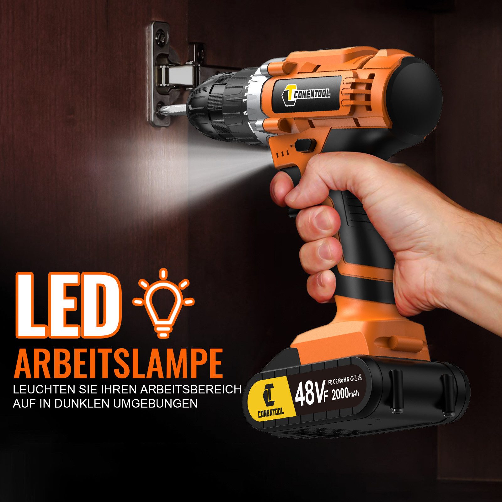CONENTOOL Akku-Bohrschrauber Akkuschrauber Set, 2 Geschwindigkeiten, max. 1850 U/min, (Set, 36-tlg), mit 2×2000mAh Akkus, Akku Werkzeug: Leicht & Stark