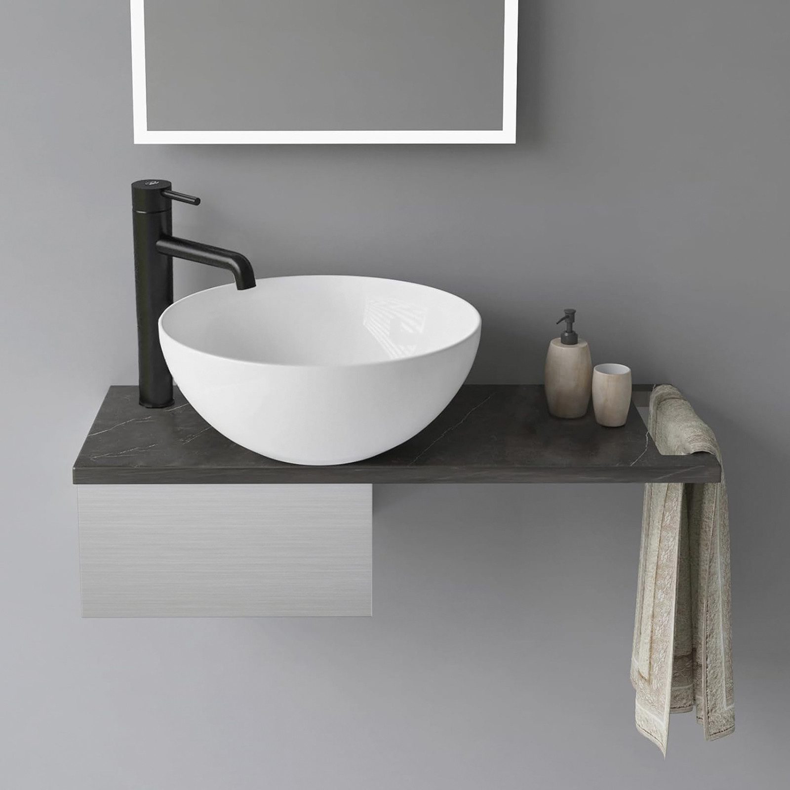 Alpenberger Aufsatzwaschbecken Rund - Waschschüssel Waschbecken Klein Gäste WC Set mit Handtuchhalter (Waschschale mit Nano, Handwaschbecken), mit Keramikplatte und Edelstahlkasten
