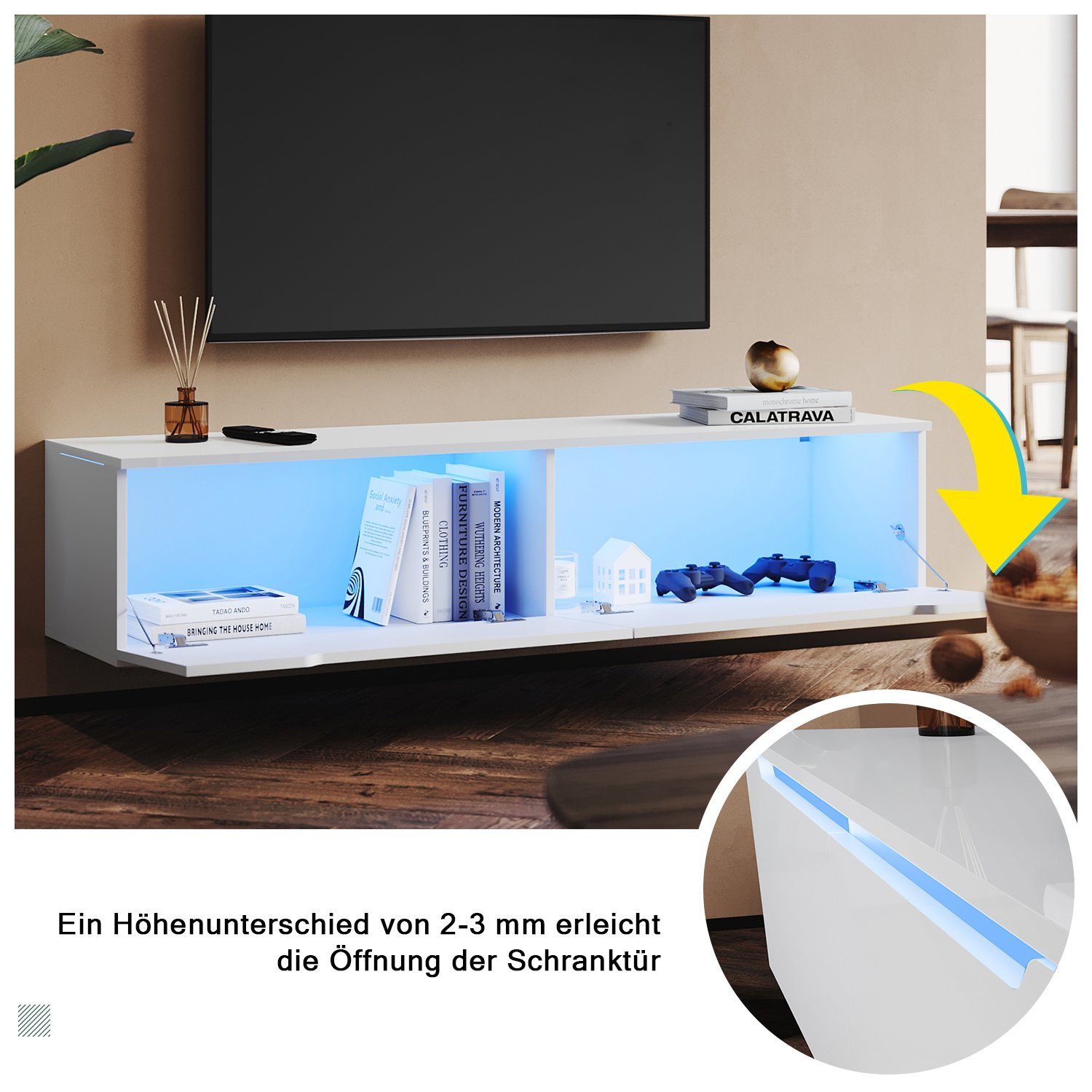 SONNI Sideboard TV Lowboard 140x35x30cm Weiß/Swarz mit LED-Beleuchtung, TV Schrank – Bild 4 von 5