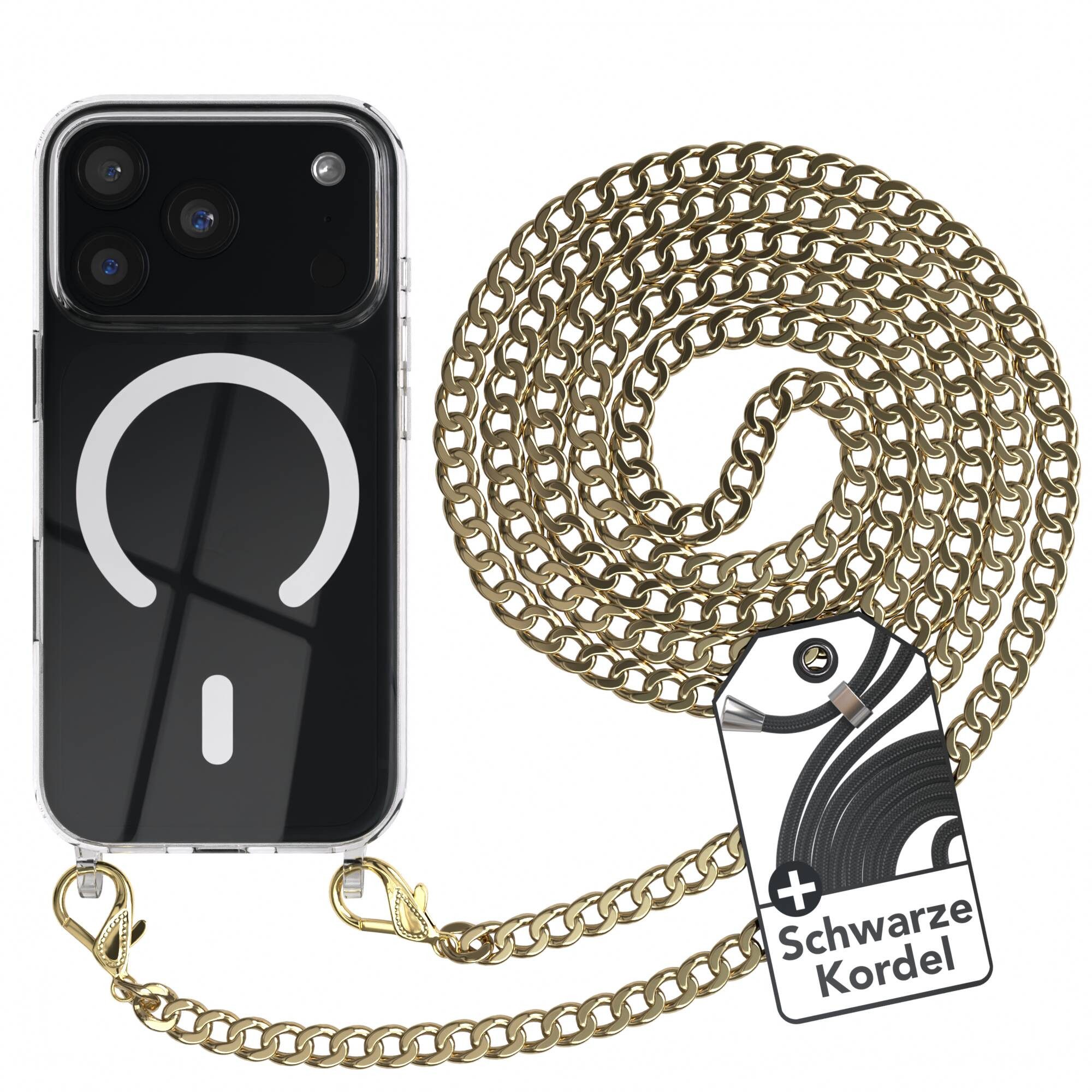 EAZY CASE Handykette Metall MagSafe Hülle für Apple iPhone 18 Pro 6,3 Zoll, Handyhülle Transparent Smartphonekette für Unterwegs Necklace in Gold