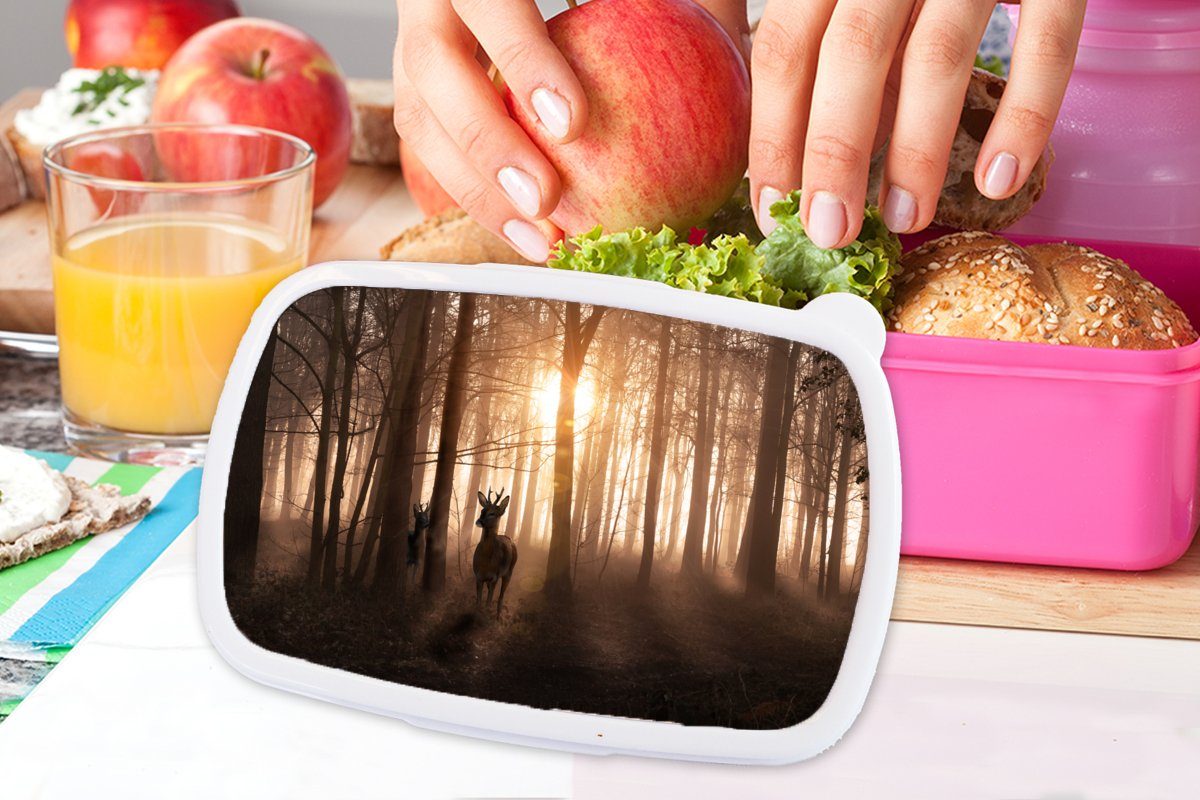 Lunchbox - rosa - - Wald Kunststoff, Tiere, Bäume - für Sonne Hirsche - Kunststoff Mädchen, Erwachsene, - MuchoWow Kinder, Snackbox, (2-tlg), Winter Brotbox Brotdose Natur
