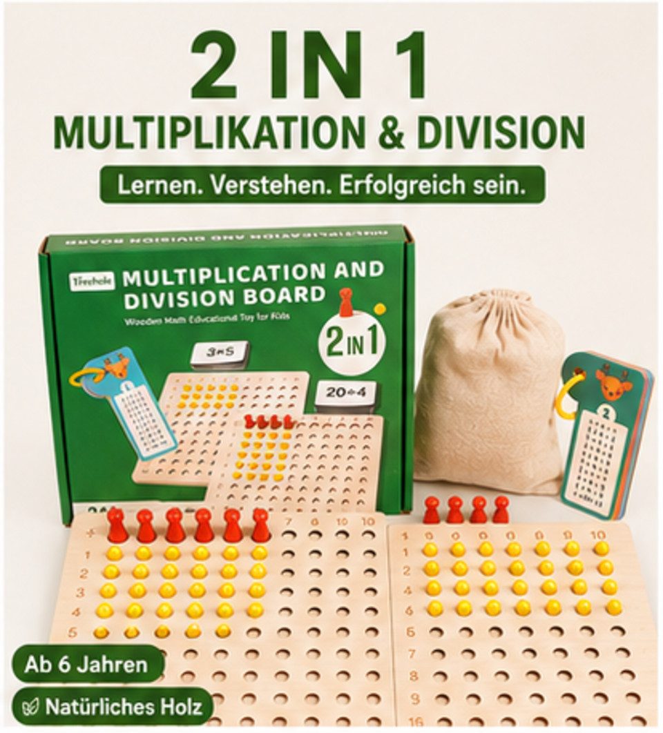 White Fox Studio Lernspielzeug 2-in-1 Holz-Rechenbrett – Multiplikation & Division ab 3 Jahren (Rechnen, 1-St., Division Multiplikation), 2-in-1 Funktion: Multiplikation & Division in einem Brett