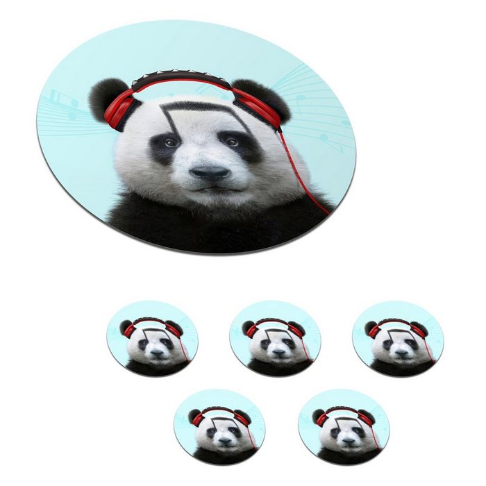 MuchoWow Glasuntersetzer Panda - Kopfhörer - Tier - Musiknoten - Rot Zubehör für Gläser 6-tlg. Getränkeuntersetzer Tassenuntersetzer Korkuntersetzer Tasse Becher