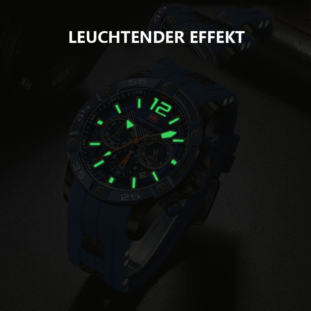 Chronograph GelldG Uhren Schwarz, Armbanduhr Blau Kalender, Silikonarmband Quarzwerk, Uhr Datum