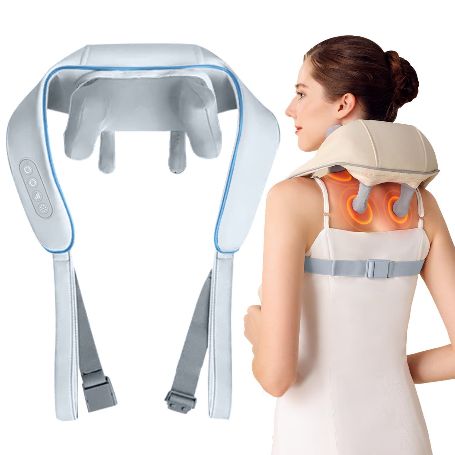 MOPUEA Nacken-Massagegerät 4D Shiatsu-Massagegerät Tiefenmassage mit Hand-Simulation, freihändig