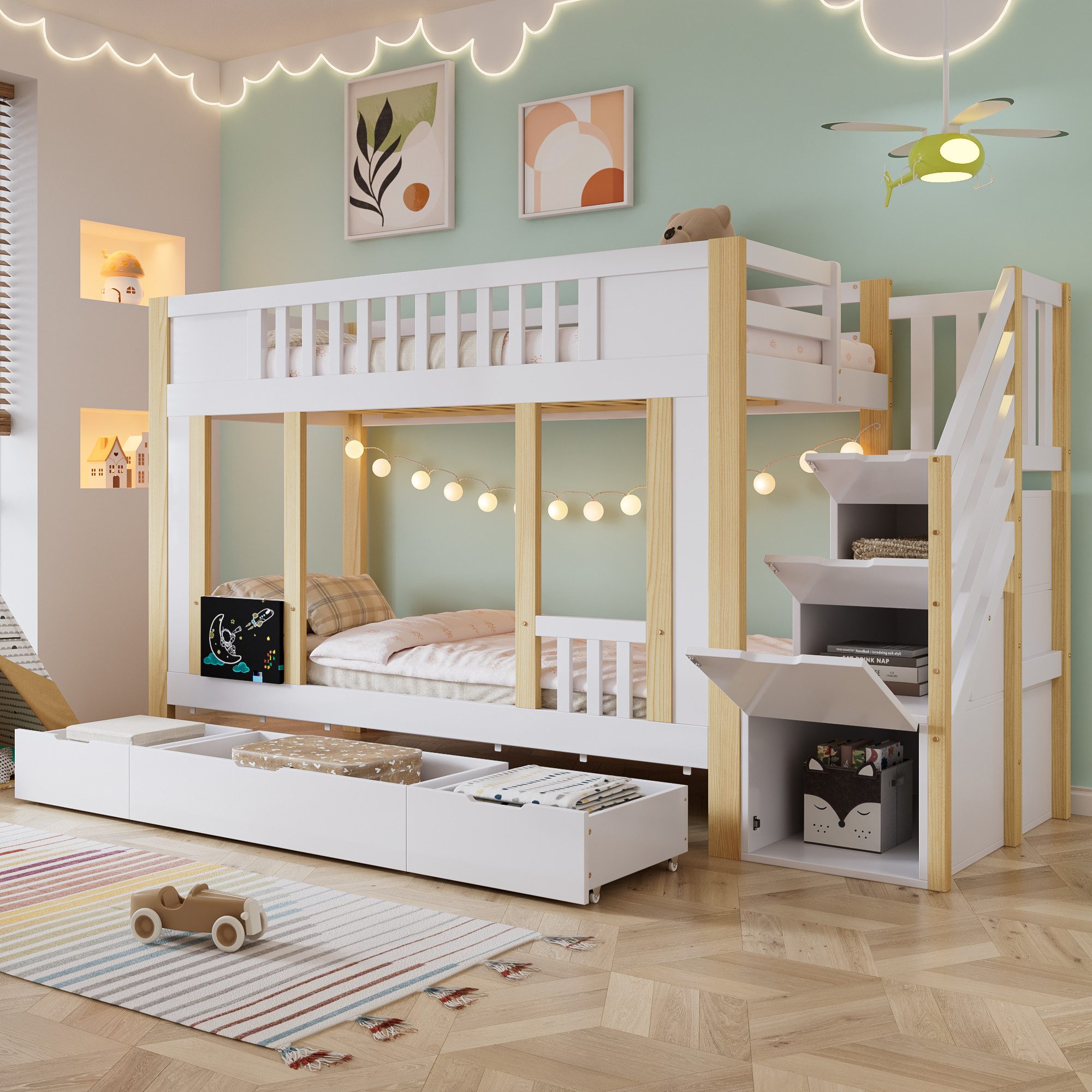 Flieks Etagenbett, Kinderbett 90x200cm mit Stauraumtreppe, 3 Schubladen auf Rollen, Tafel