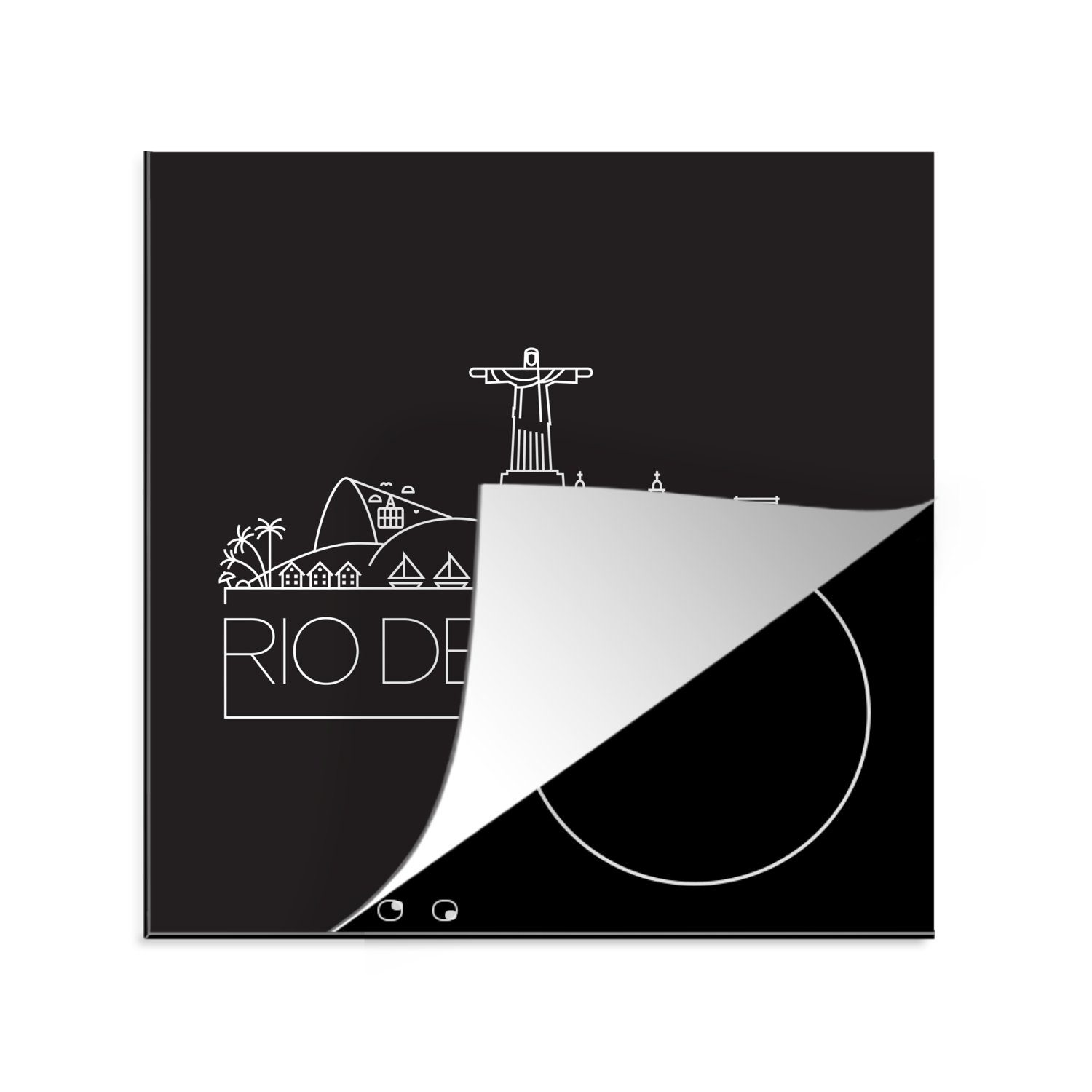 MuchoWow Herdblende-/Abdeckplatte Stadtbild ''Rio de Janeiro'' auf schwarzem Hintergrund, Vinyl, (1 tlg), 78x78 cm, Ceranfeldabdeckung, Arbeitsplatte für küche