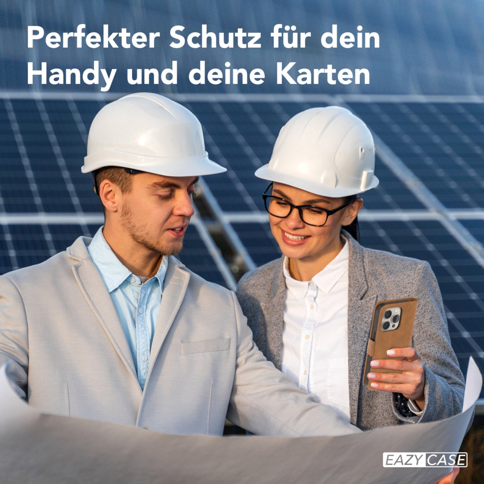 EAZY CASE Handyhülle Business Handyhülle Kartenfächer für iPhone 15 Pro 6,1 Zoll, Flipcase mit Sichtfenster für Foto Klapp Hülle Kartenetui Hellbraun