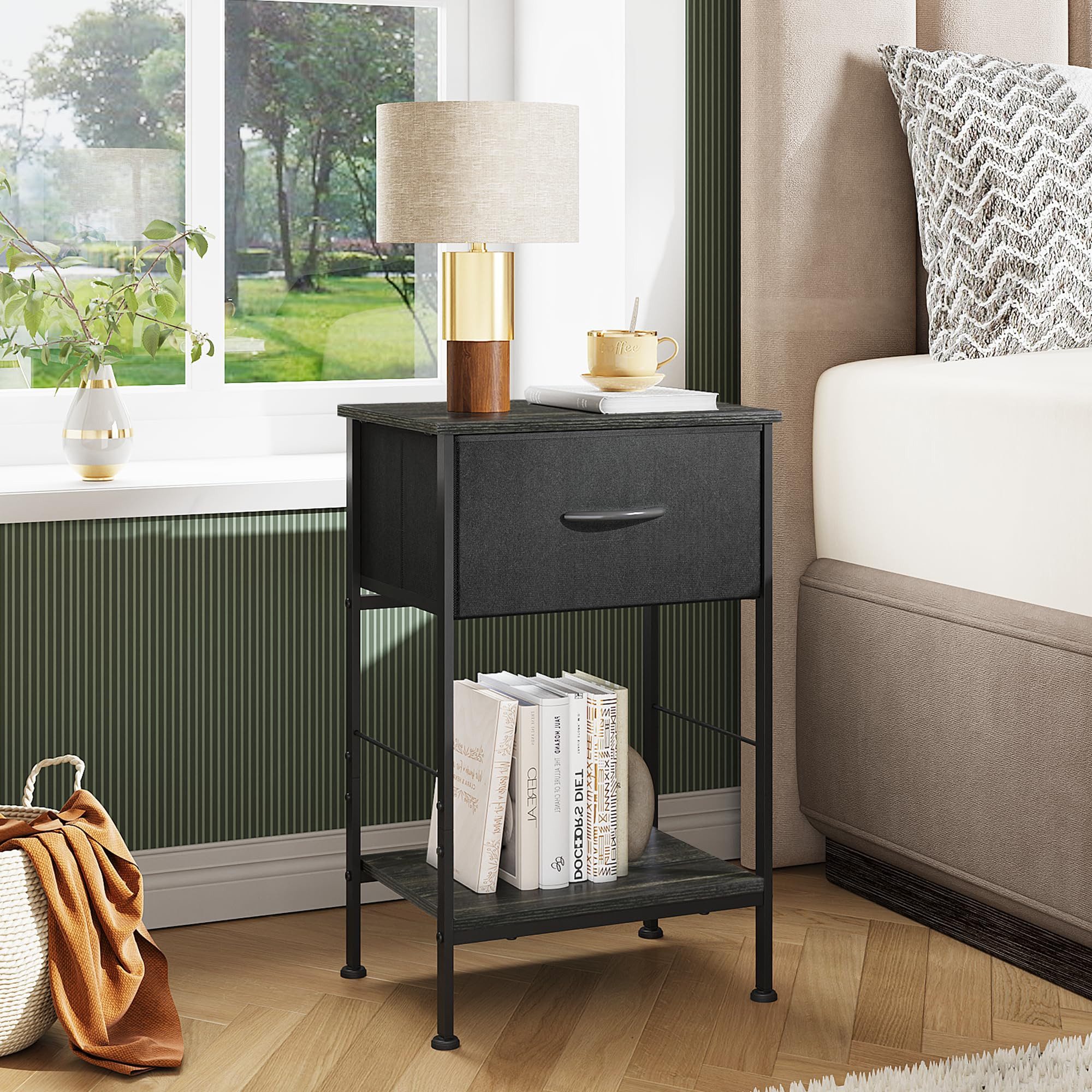 WLIVE Beistelltisch Nachttisch mit Stoffschublade & Ablage, 40×30×63 cm, Metallrahmen (1 Tisch), platzsparender Nachtschrank fürs Schlafzimmer & Wohnzimmer – Bild 2 von 5