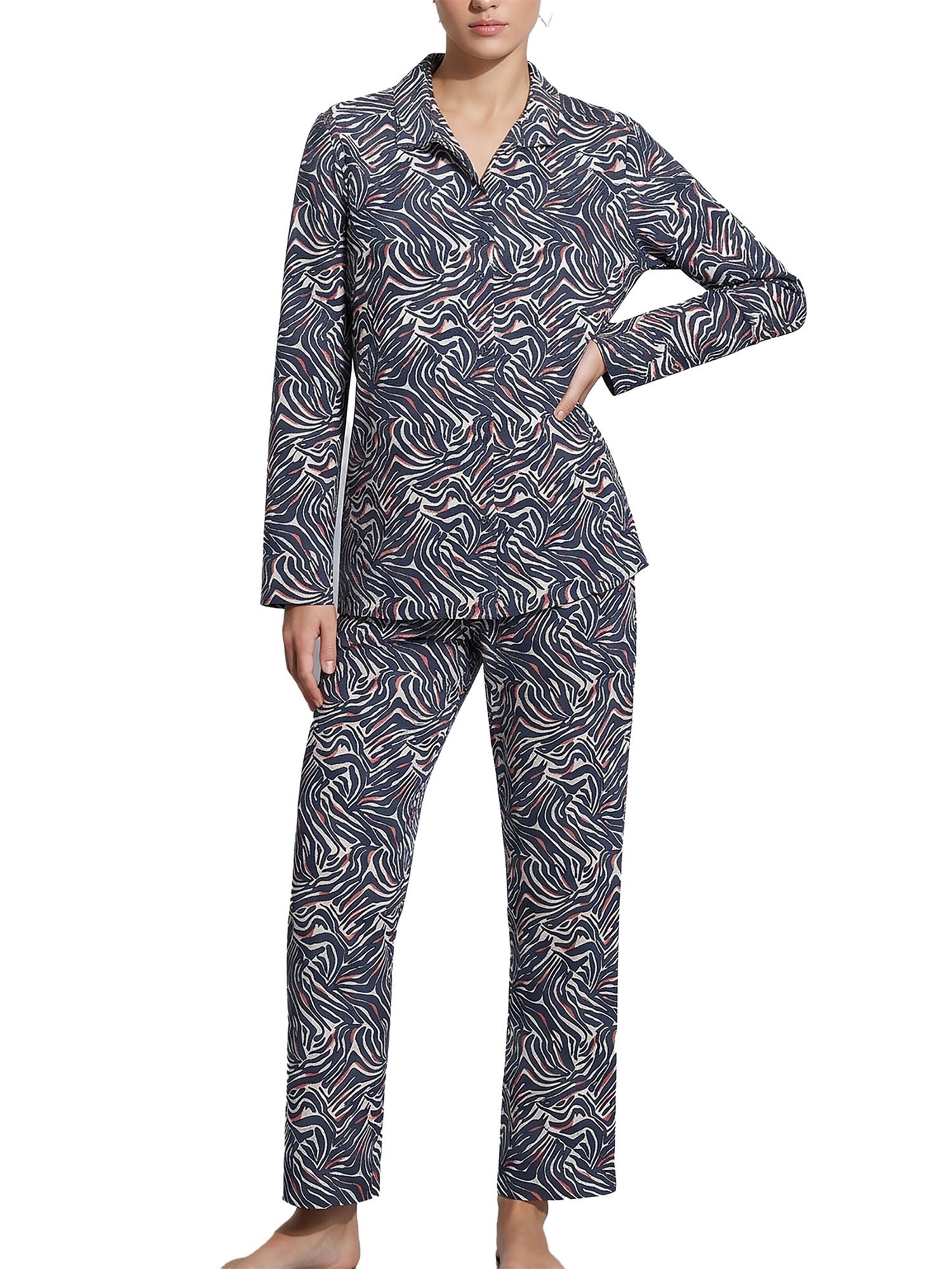 seidensticker Pyjama Damen Pyjama Lang bodywear (Packung, 1 tlg) aus Modal, moderner Allover-Print, Hemdkragen, durchgeknöpft