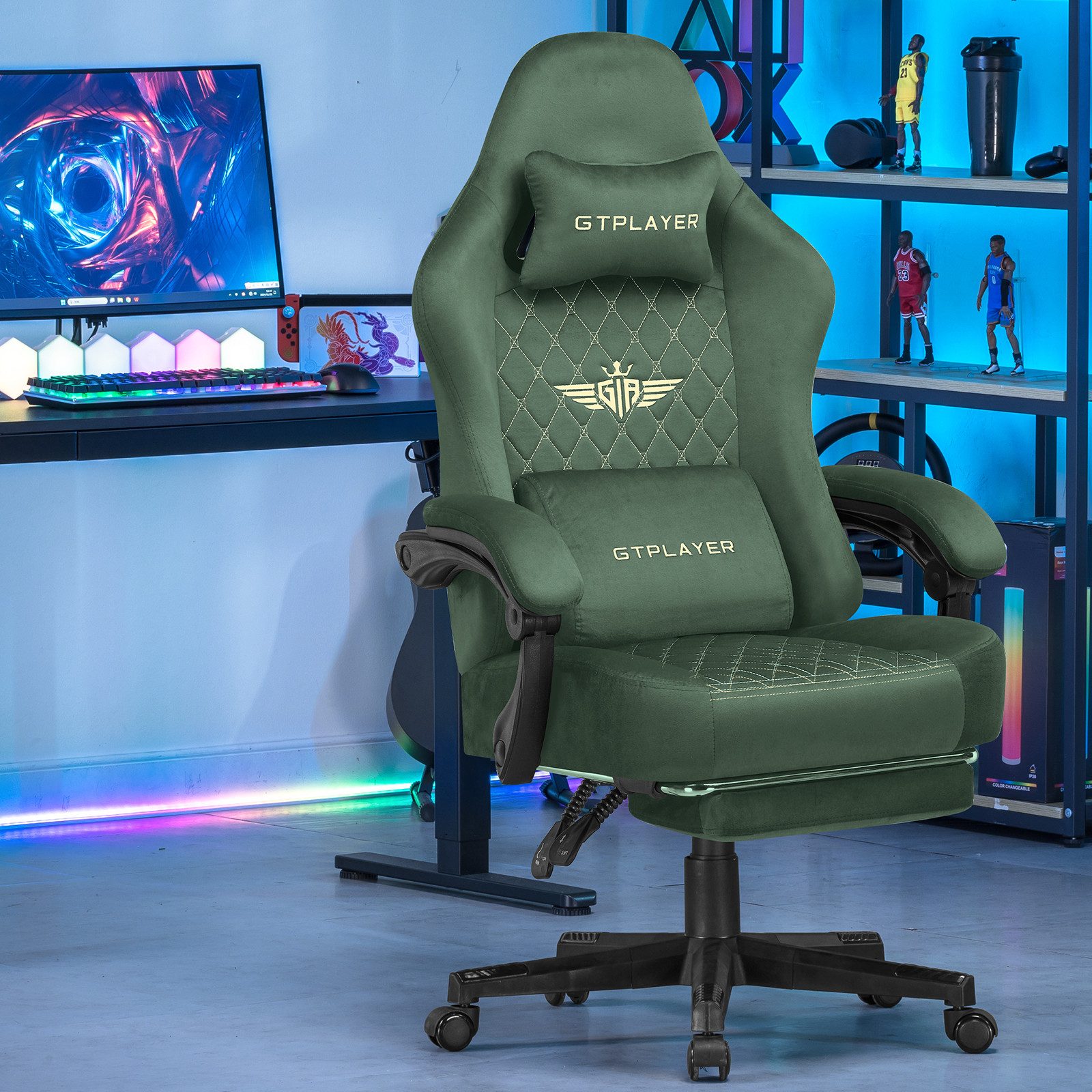 GTPLAYER Gaming-Stuhl Stoff Gaming Chair Ergonomisch Bürostuh PC Stuhl, 150kg Belastbarkeit, Schreibtischstuh mit Federsitzkissen und Fußstütze – Bild 2 von 5