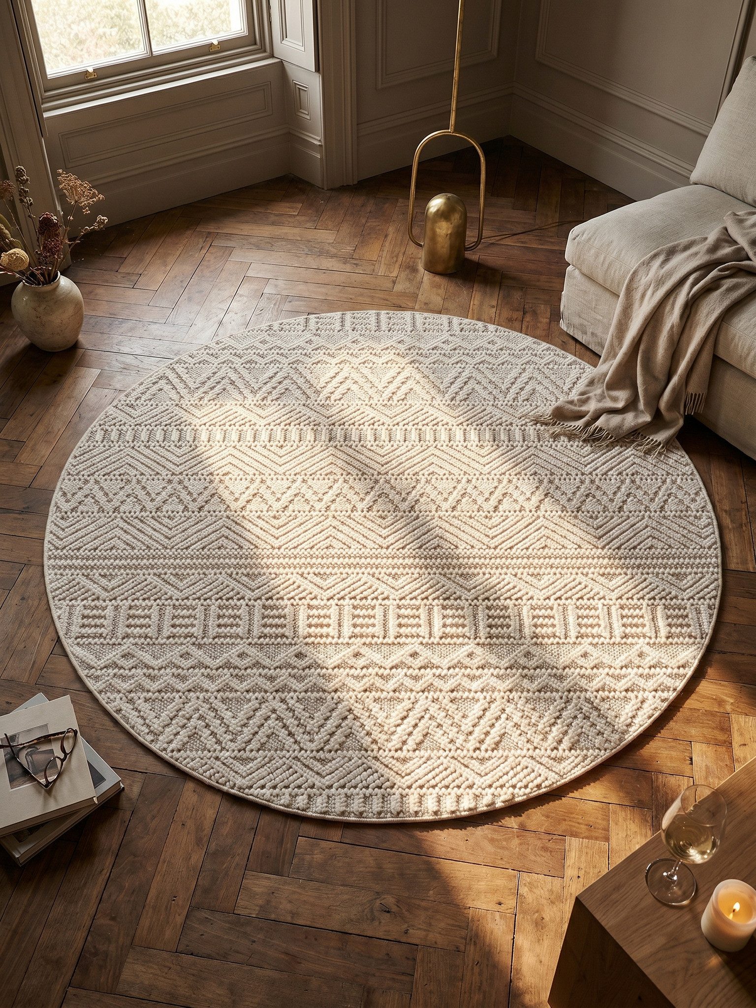 KADIMA DESIGN Teppich Boho Teppich LANGAU Ethno-Rauten Streifen Beige Creme Silber, Rund, Höhe: 7 mm, Creme, 80x80 cm, Saugroboter OEKO-TEX Fußbodenheizung Strapazierfähig