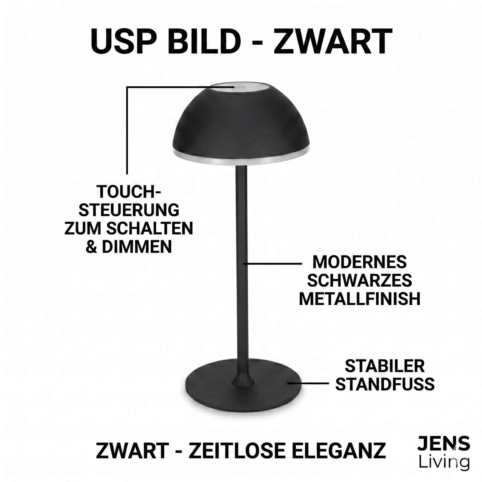 Jens Living LED Außen-Stehlampe LED Tischleuchte Akku Metall Tischlampe dimmbar kabellos USB-C, Akku-Betrieb, 3 Lichtfarben, stufenlos dimmbar, Touch-Sensor, USB-C