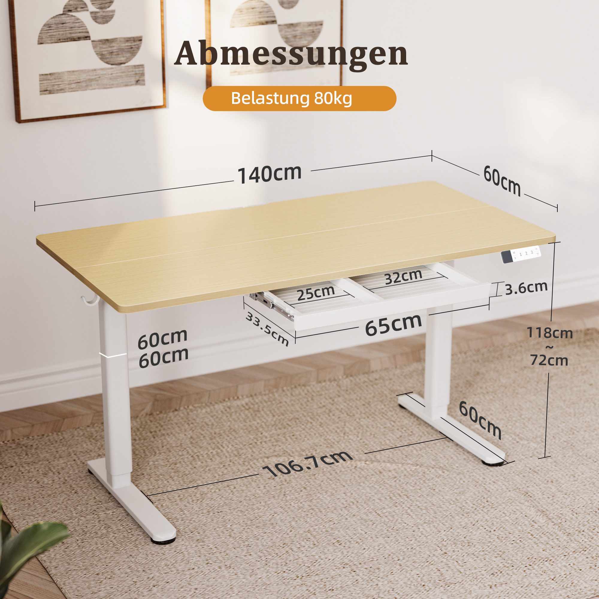 Claiks Schreibtisch Elektrischer Höhenverstellbarer Schreibtisch mit Schublade (1-St), mit 3-Memory, 2 Kopfhörerhaken, 140x60cm, Beige – Bild 2 von 5