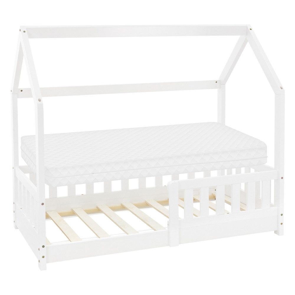 ML-DESIGN Spielbett Hausbett Kinderbett inkl. Lattenrost kreativ Bodenbett für Kinder, Abenteuerbett zum Spielen mit Rausfallschutz Kiefer Weiß Himmelbett