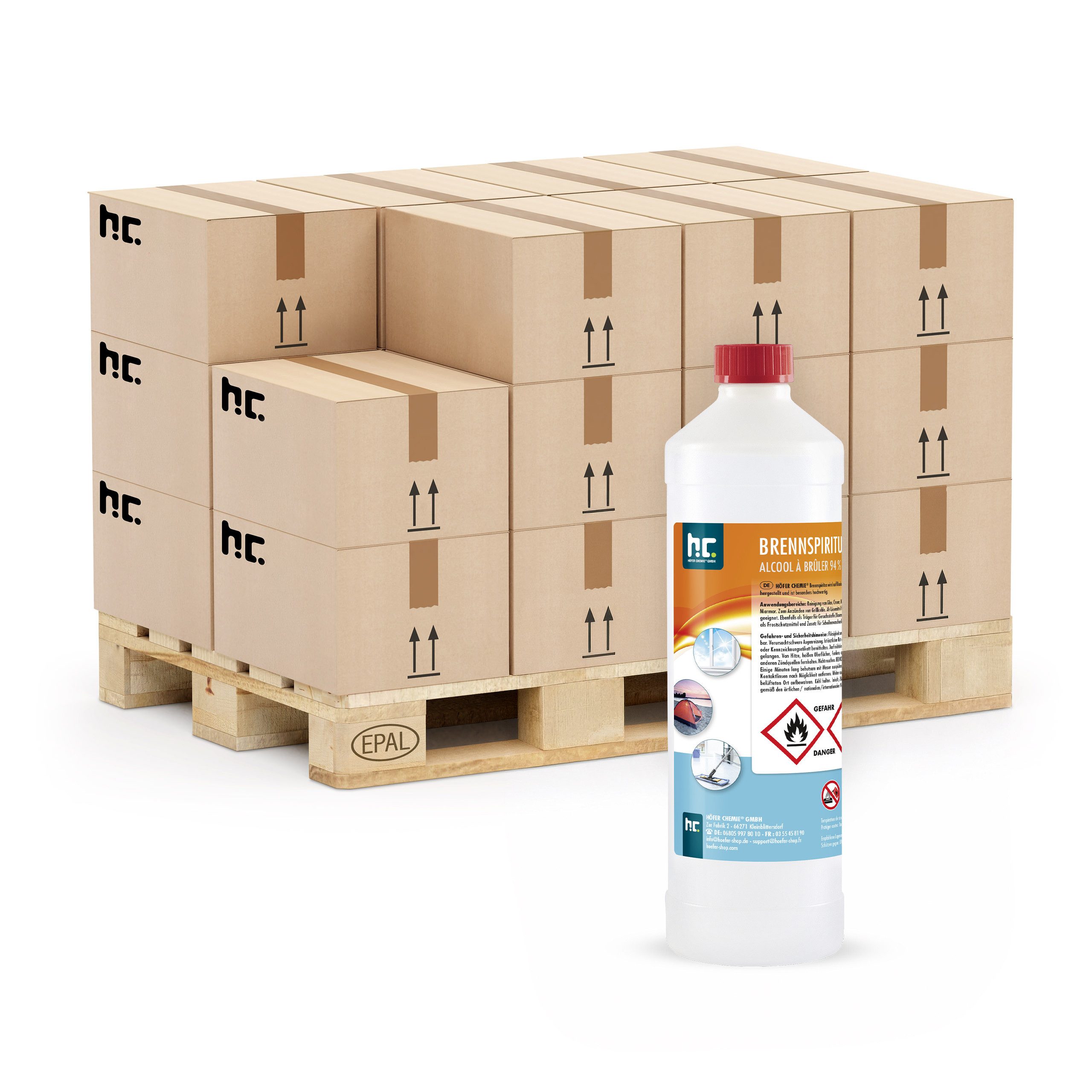 Höfer Chemie GmbH 240x 1 L Brennspiritus 94% Grundreiniger (Hochwertiger Brennstoff für Kocher, Fondue oder Grill)