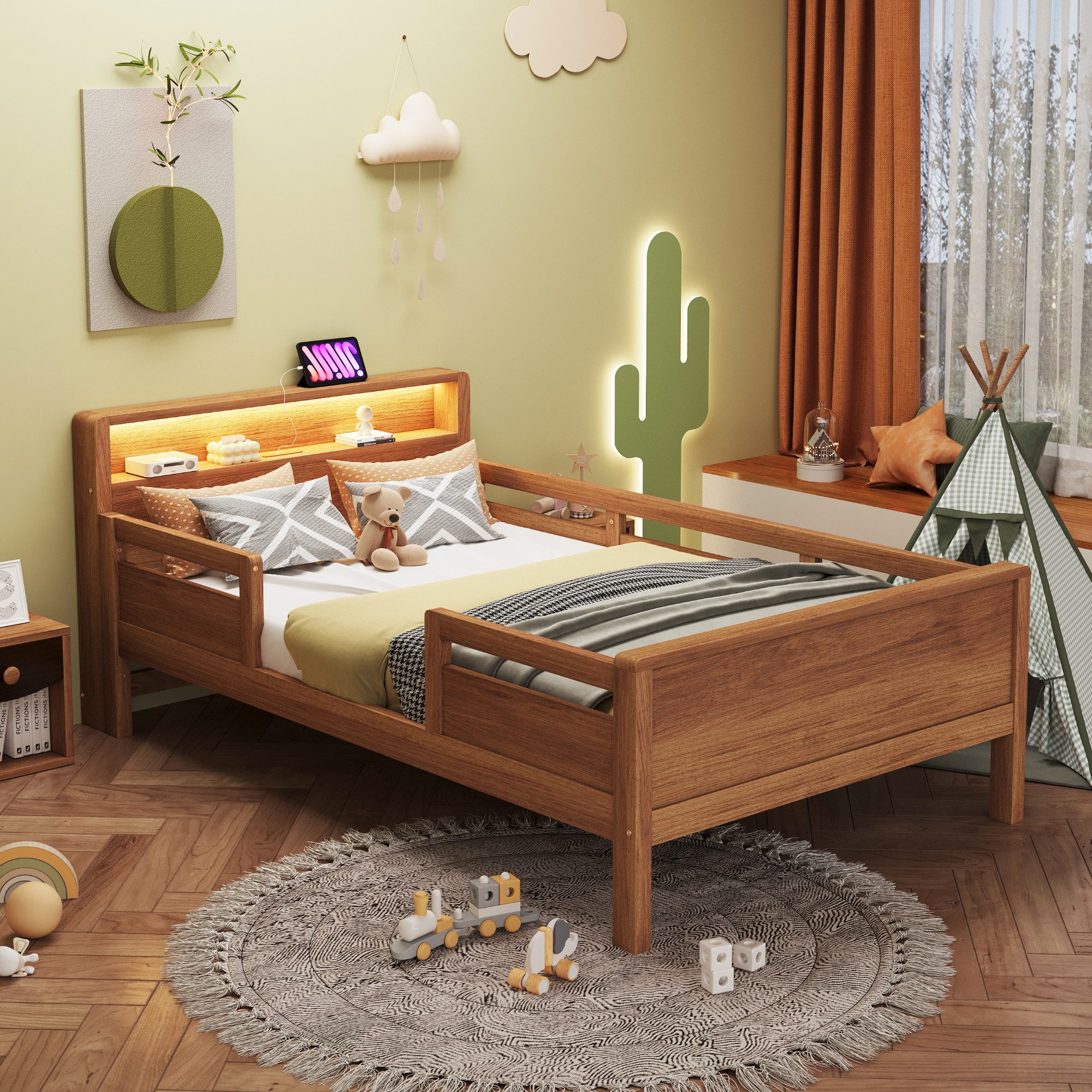 Flieks Kinderbett, Holzbett Einzelbett 90x200cm mit LED-Licht und Aufladen- günstig online kaufen