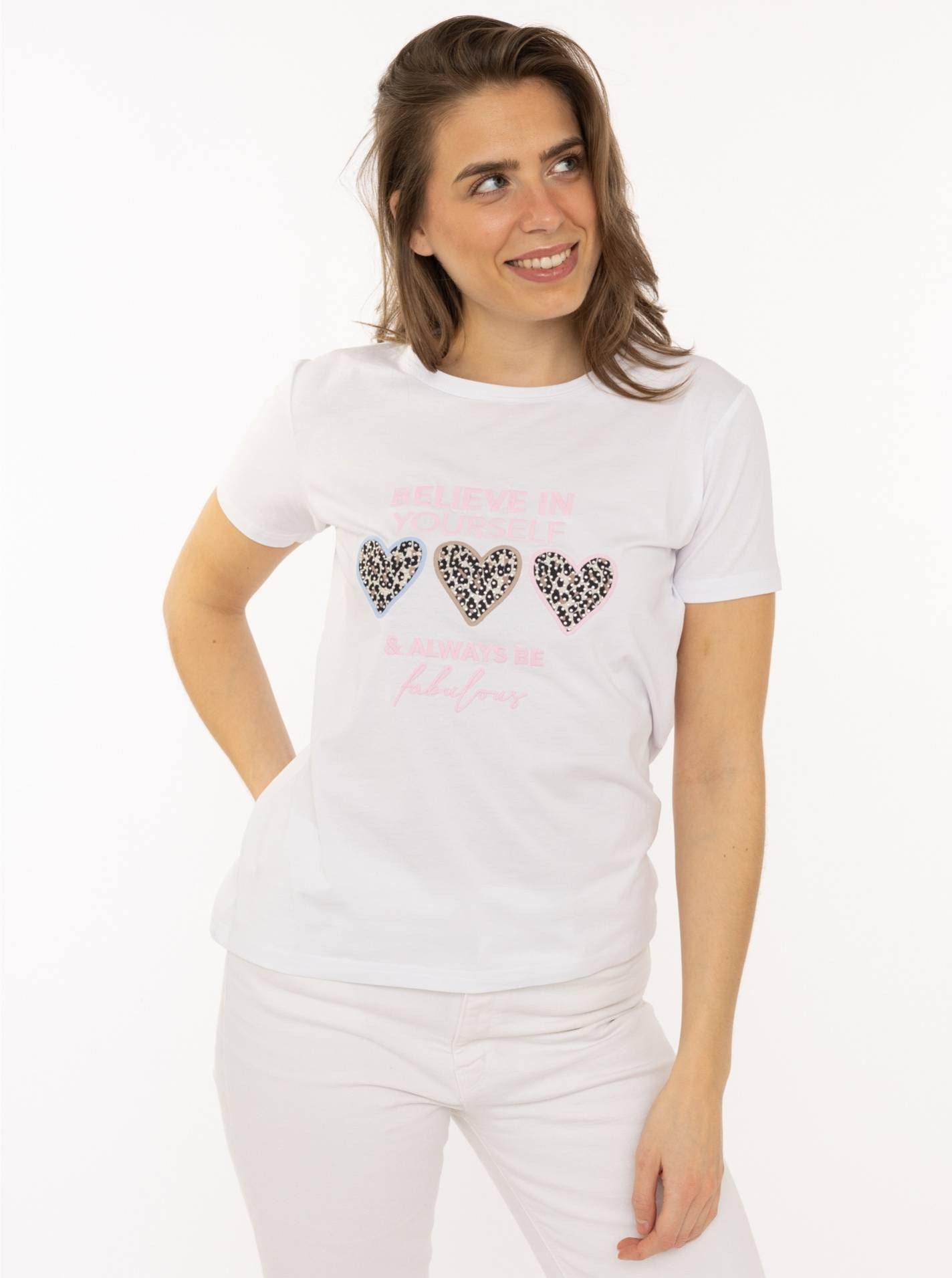 Zwillingsherz T-Shirt "Always Believe" Stickerei, Leoherzen, Rundhals, kurzarm