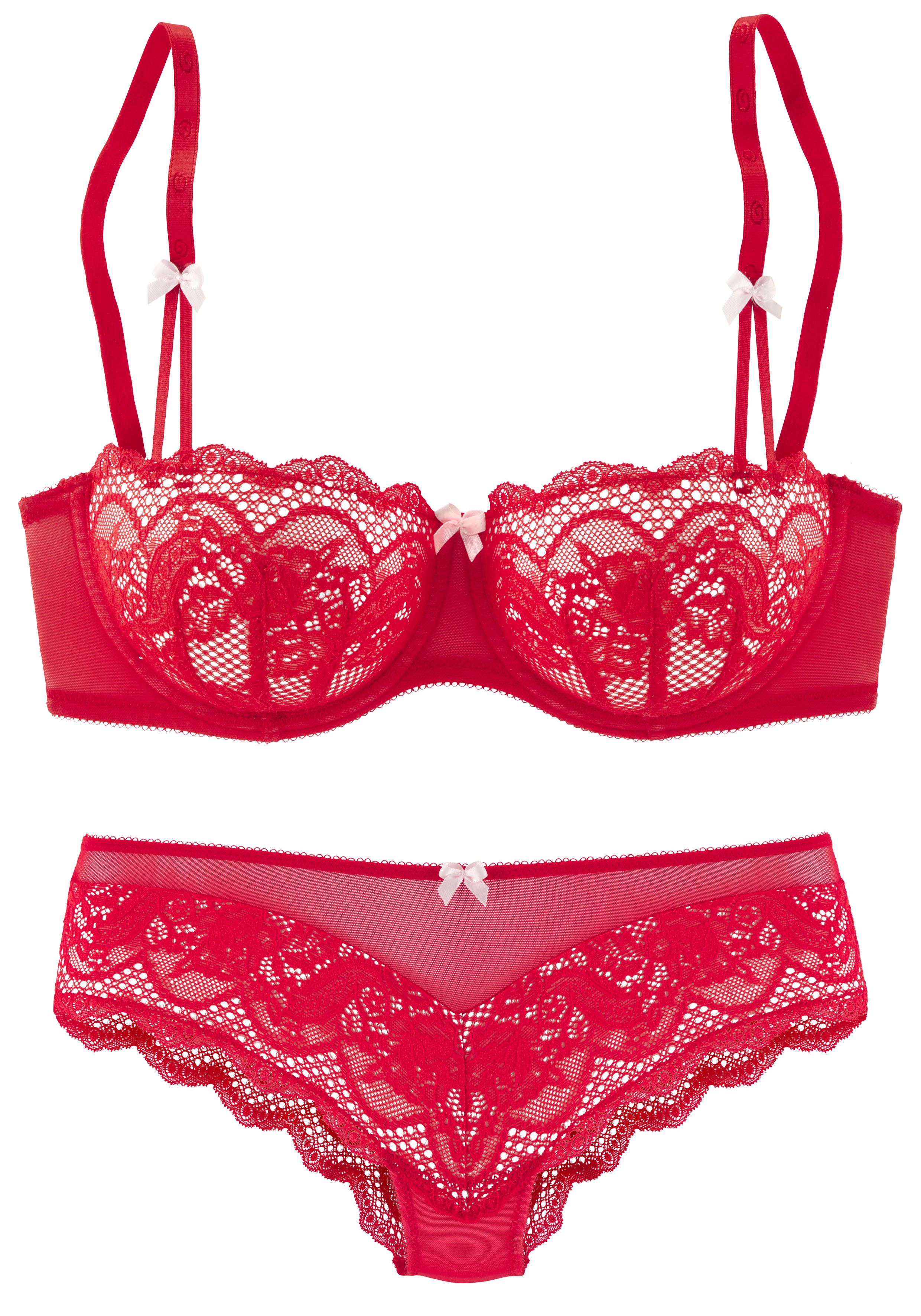 s.Oliver Set: Schalen-BH (Set, 2-tlg., mit Low Waist Panty) mit feiner, blumiger Spitze und zarten Zierschleifen, sexy Dessous. € 39,99