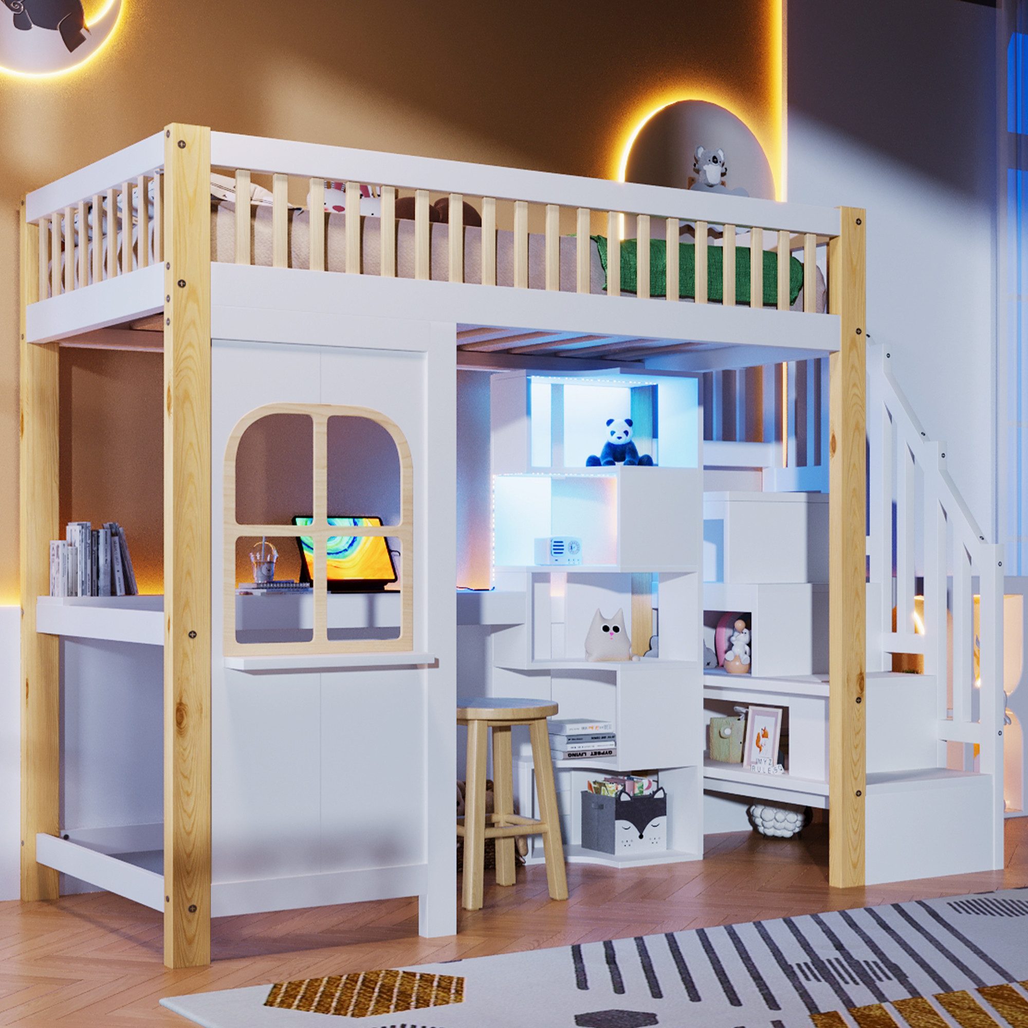 OKWISH Kinderbett Holzbett Hochbett (mit LED-Leuchten, günstig online kaufen