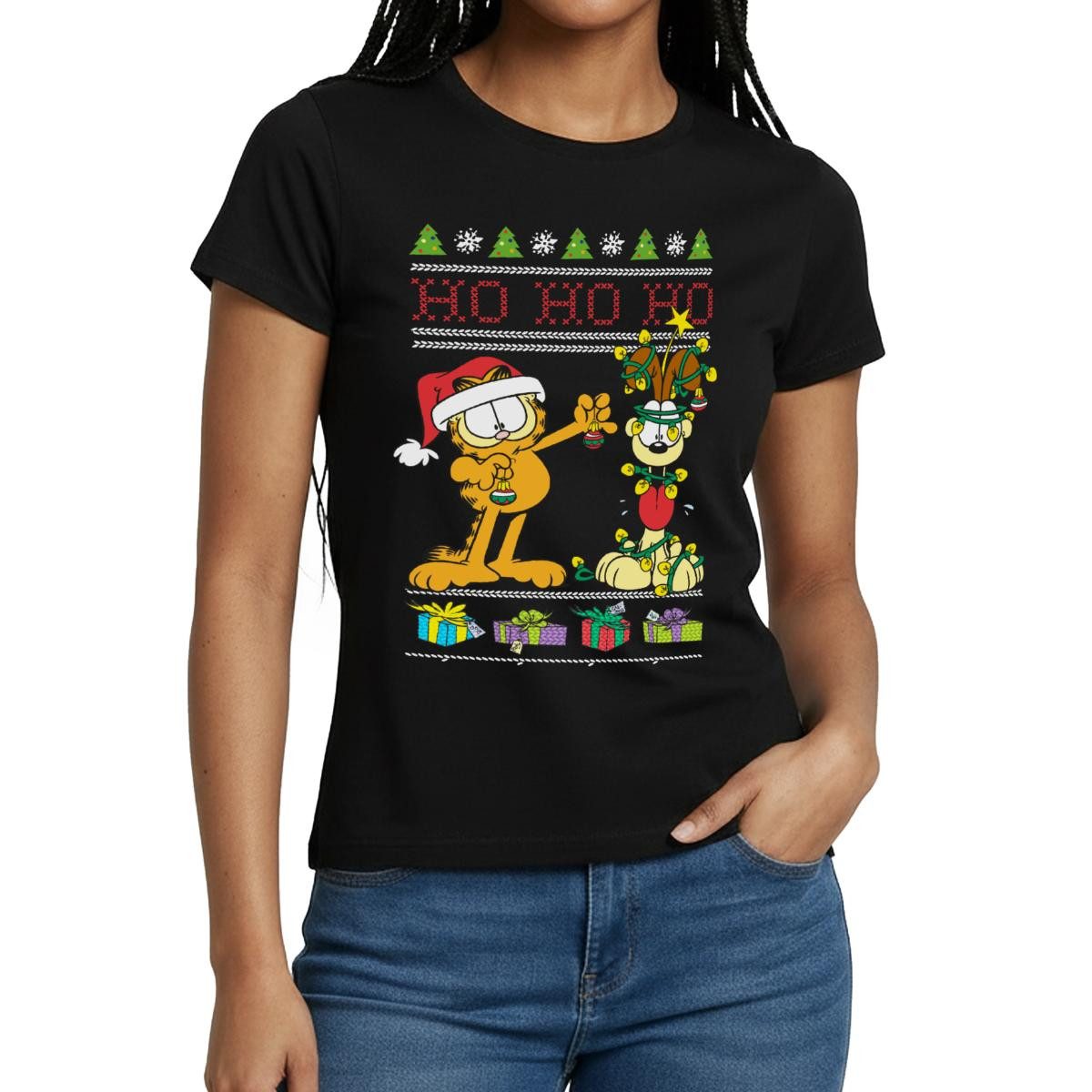 Spreadshirt T-Shirt Garfield Und Odie Hohoho Ugly Christmas Weihnachten Frauen T-Shirt (1-tlg) Slim Fit, fällt klein aus