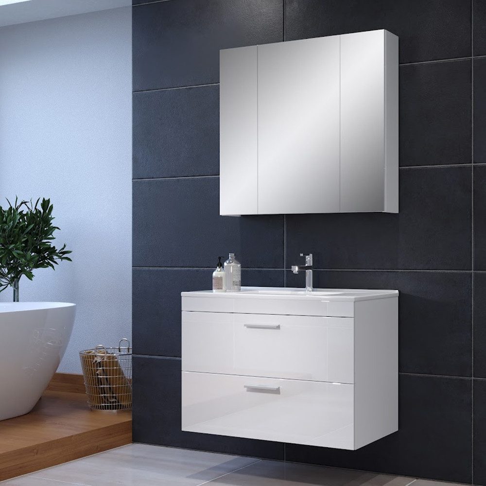 trendteam Badezimmer-Set Devon, Badmöbel Spiegelschrank Waschbeckenunterschrank Badspiegel