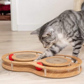 Pfotenolymp Tier-Aktivitätsspiel Interaktives Holz-Katzenspielzeug mit Kratzbrett, Holz Xlmodernholz