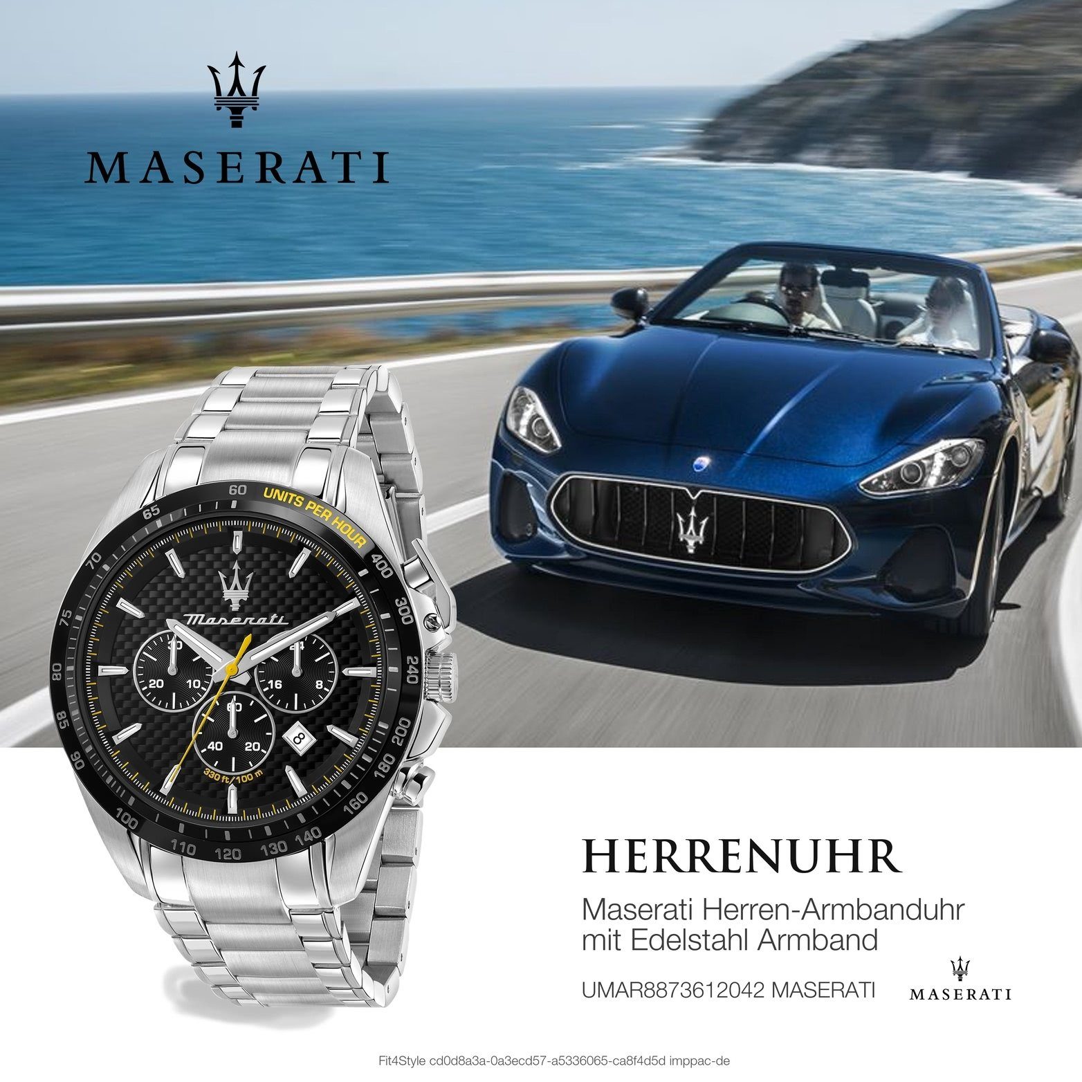(ca. Edelstahluhr Gehäuse, groß Herrenuhr Chronograph, Edelstahlarmband, MASERATI Chronograph schwarz 45mm) Maserati rundes