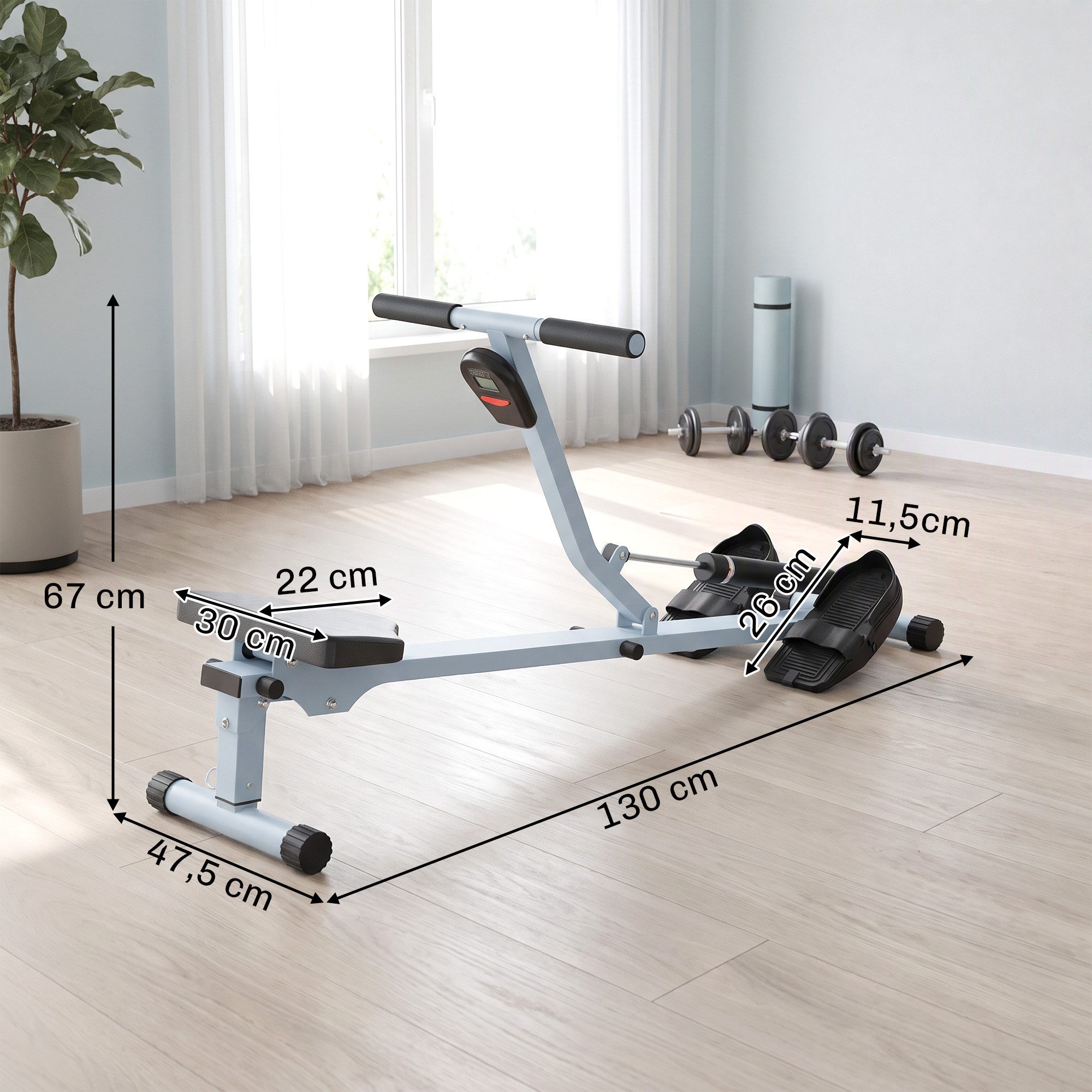 HOMCOM Rudergerät Rudergerät Fitness-Rudergerät mit LCD-Display belastbar bis 100kg (Fitnessgerät, 1-tlg., Ruderzugmaschine Heimtrainer), Grau+Schwarz 130 x 47. – Bild 3 von 5