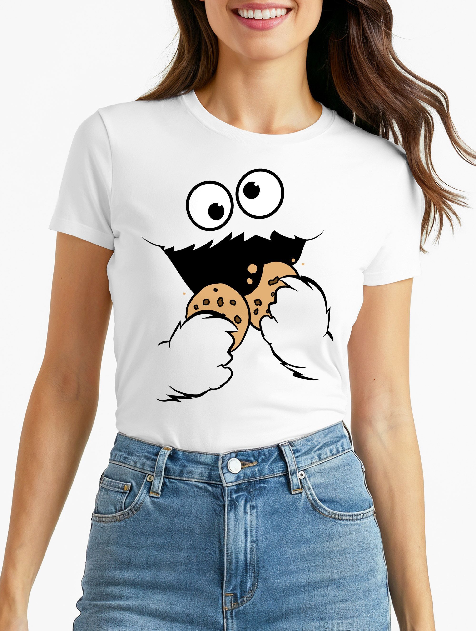 MoonWorks Print-Shirt Damen T-Shirt Krümelmonster Cookie Monster Fasching Karneval Kostüm mit Print