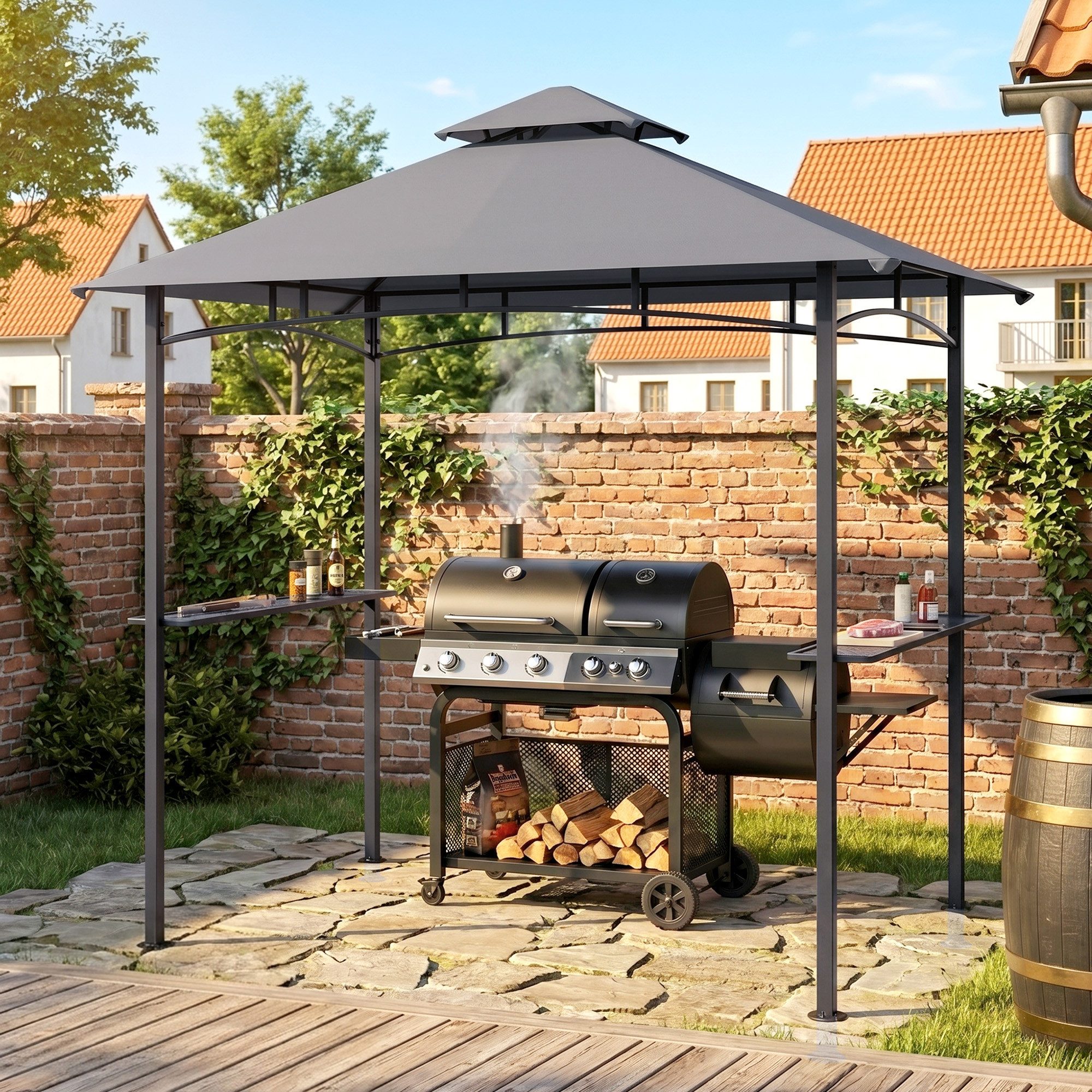 Outsunny Grillpavillon Balkonpavillon mit Ablagen Flammhemmendes Doppeldach, mit 4 Seitenteilen, (Gartenzelt, Grillpavillon), für Garten, Balkon, Grau
