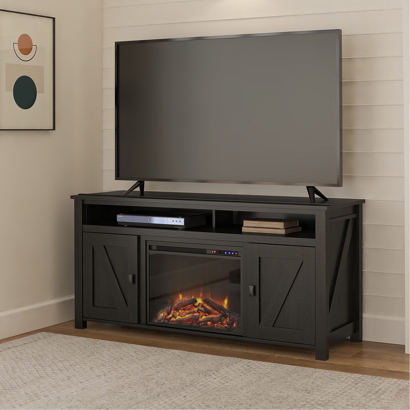 loft24 Kaminumbauschrank Farmington - Sideboard TV-Lowboard Elektrokamin Fernsehschrank 2 Türen, offene Fächer, Landhausstil