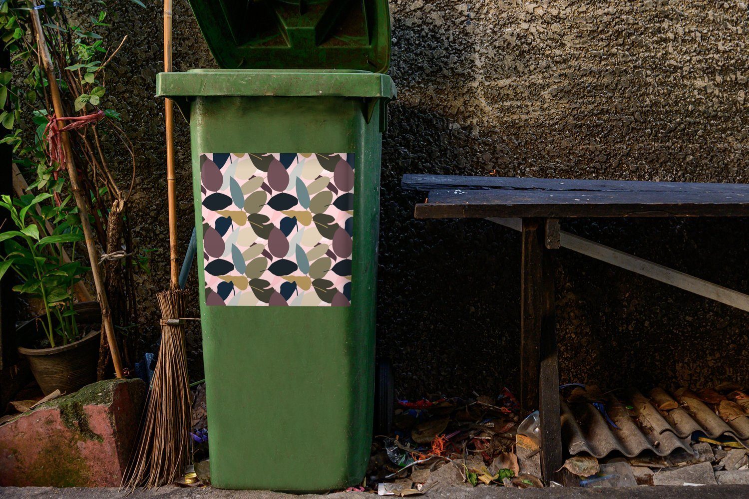 Tropisch Wandsticker Mülltonne, Blätter St), MuchoWow - (1 Sticker, - Mülleimer-aufkleber, Container, Abfalbehälter Blau