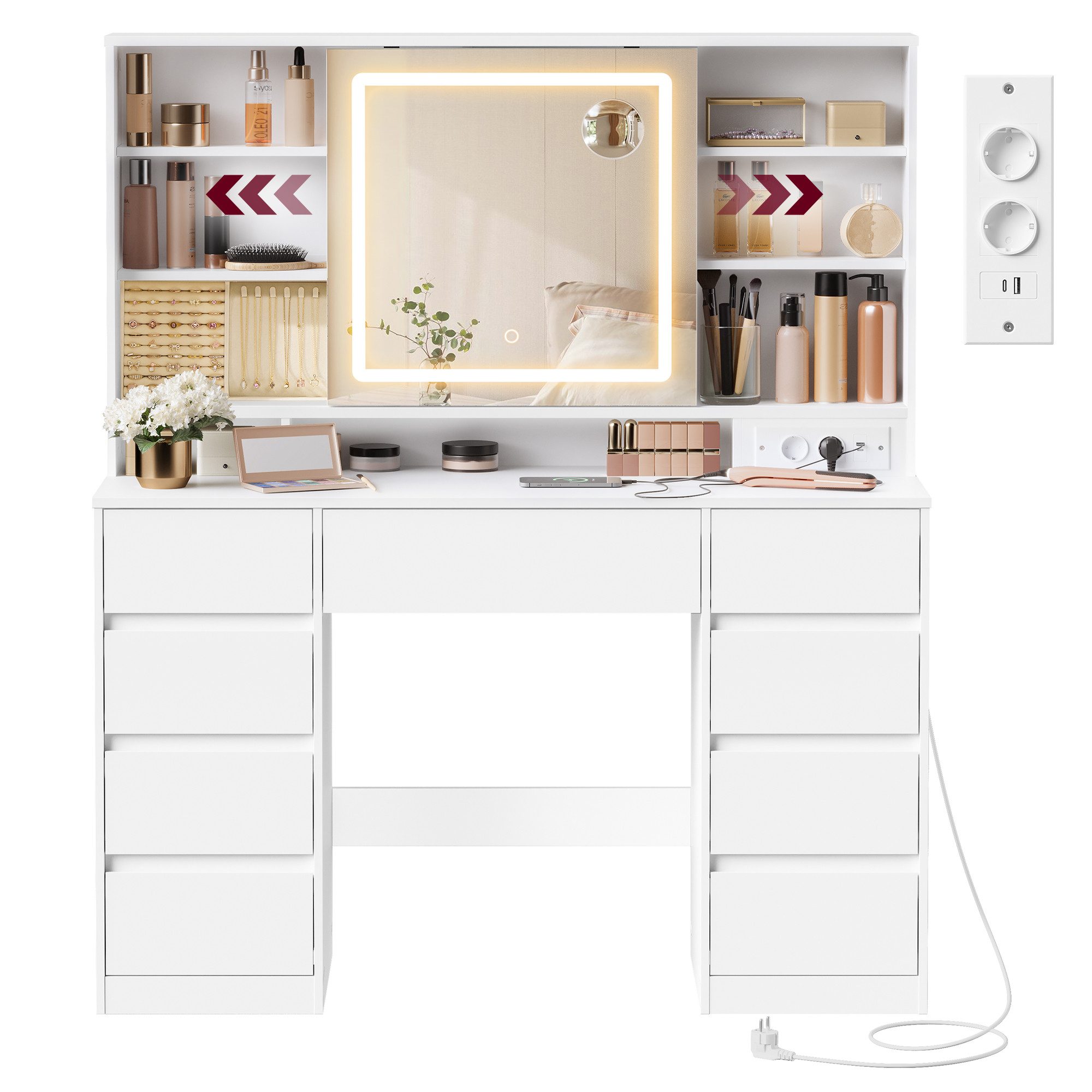 VASAGLE Schminktisch mit Spiegel und LED-Leuchten, Steckdosenleiste, 9 Schu günstig online kaufen