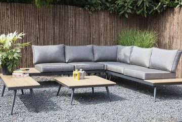 GMD Living Eckbankgruppe AREZZO, (Eckbank Loungeset, 5-tlg., bestehend aus 2 Sofas, 1 Eckteil, 1 Tisch & 1 Bank inkl. Polsterkissen), Tischplatte im Teaklook, Wetterfest