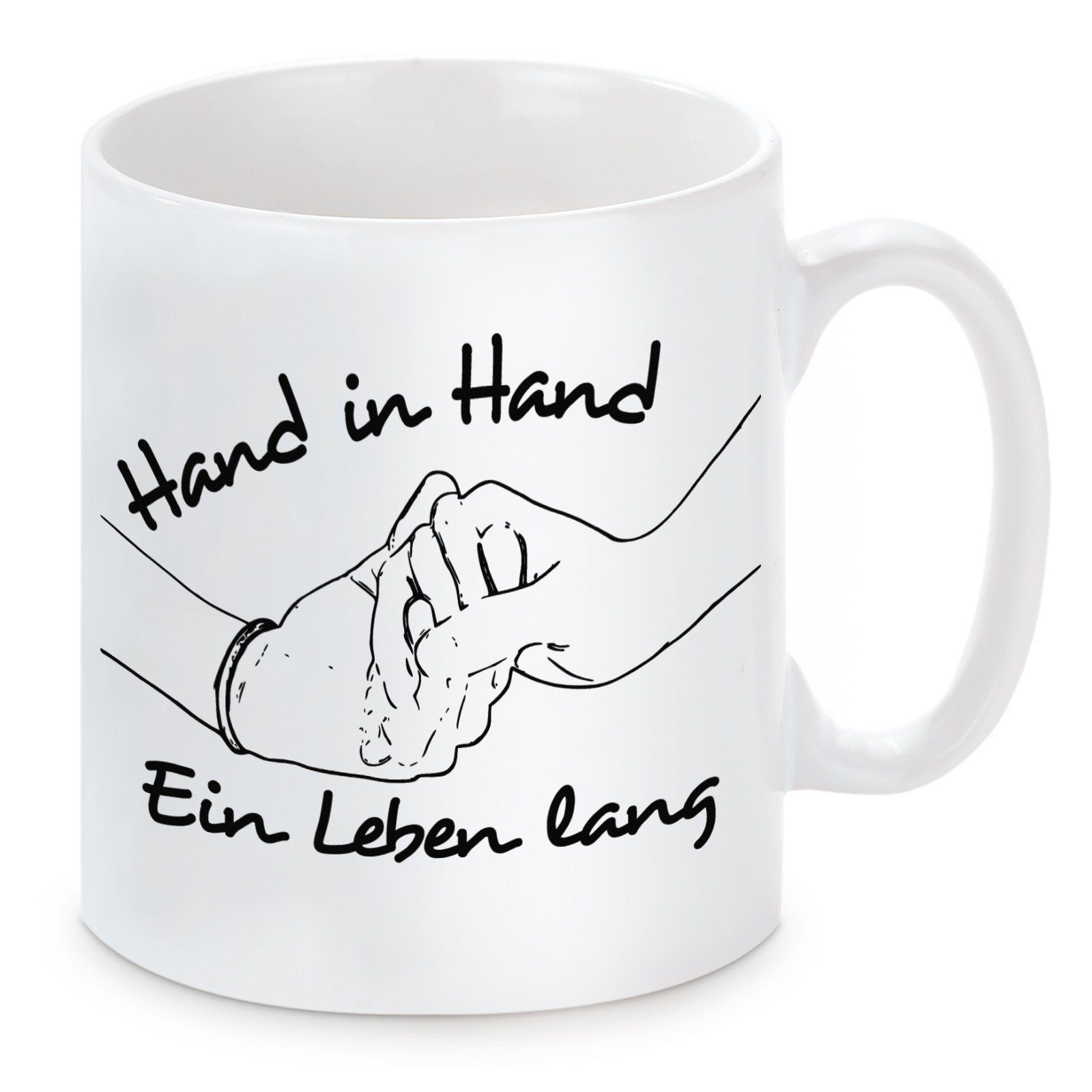 Herzbotschaft Tasse Kaffeebecher mit Motiv Hand in Hand ein leben lang, Keramik, Kaffeetasse spülmaschinenfest und mikrowellengeeignet