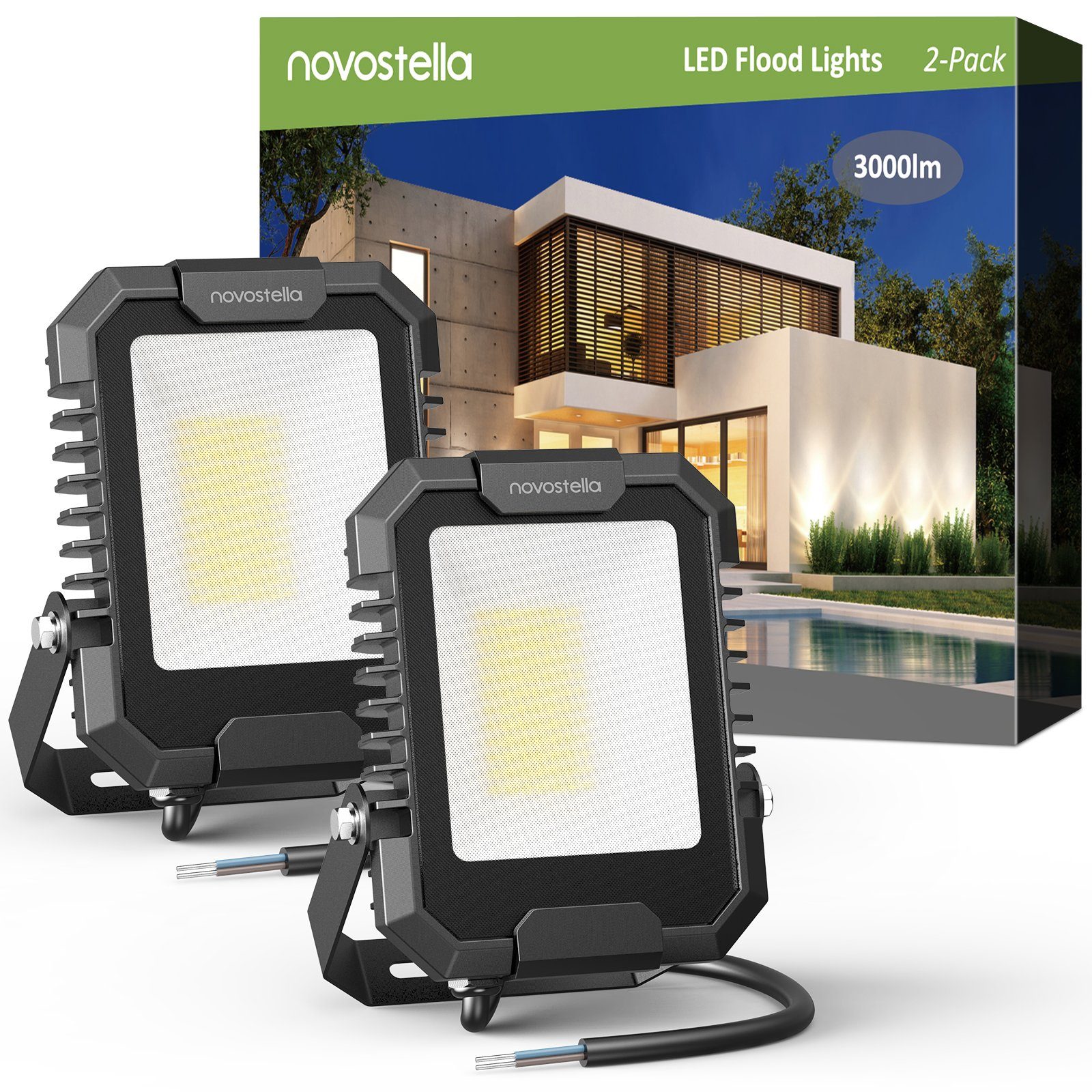 Novostella LED Flutlichtstrahler 30W LED Fluter Strahler Außenleuchte Scheinwerfer 5000LM 2er, Kaltweiß, 2er 30W LED Strahler Außen, 5000K 3000LM Scheinwerfer, IP66 Wasserdicht