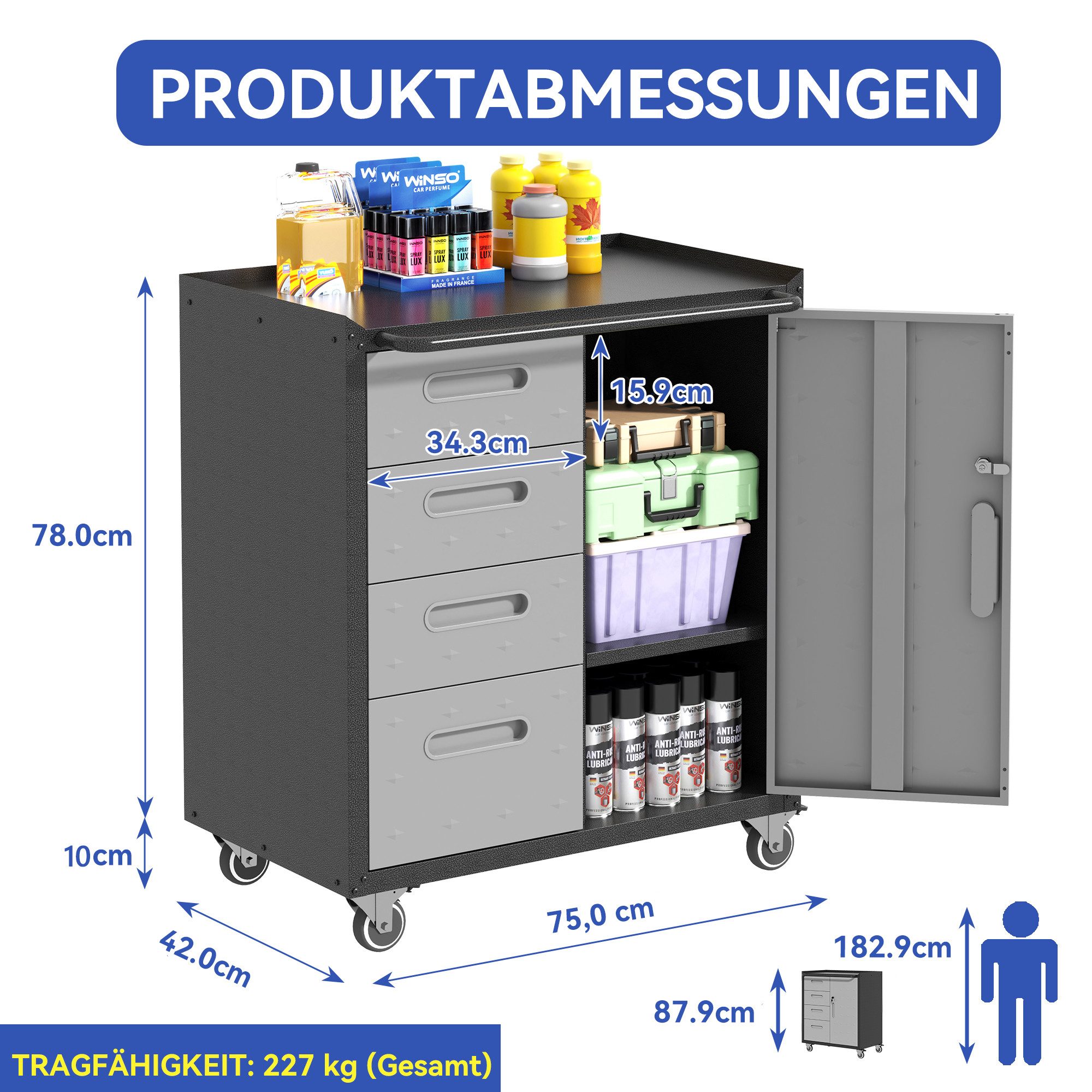 bizoemade Werkzeugschrank Stabiler Metall-Werkzeugschrank mit Rollen, 4 Schubladen und 1 Tür (1-St) 88x75x42cm – für Garage/Büro/Haushalt