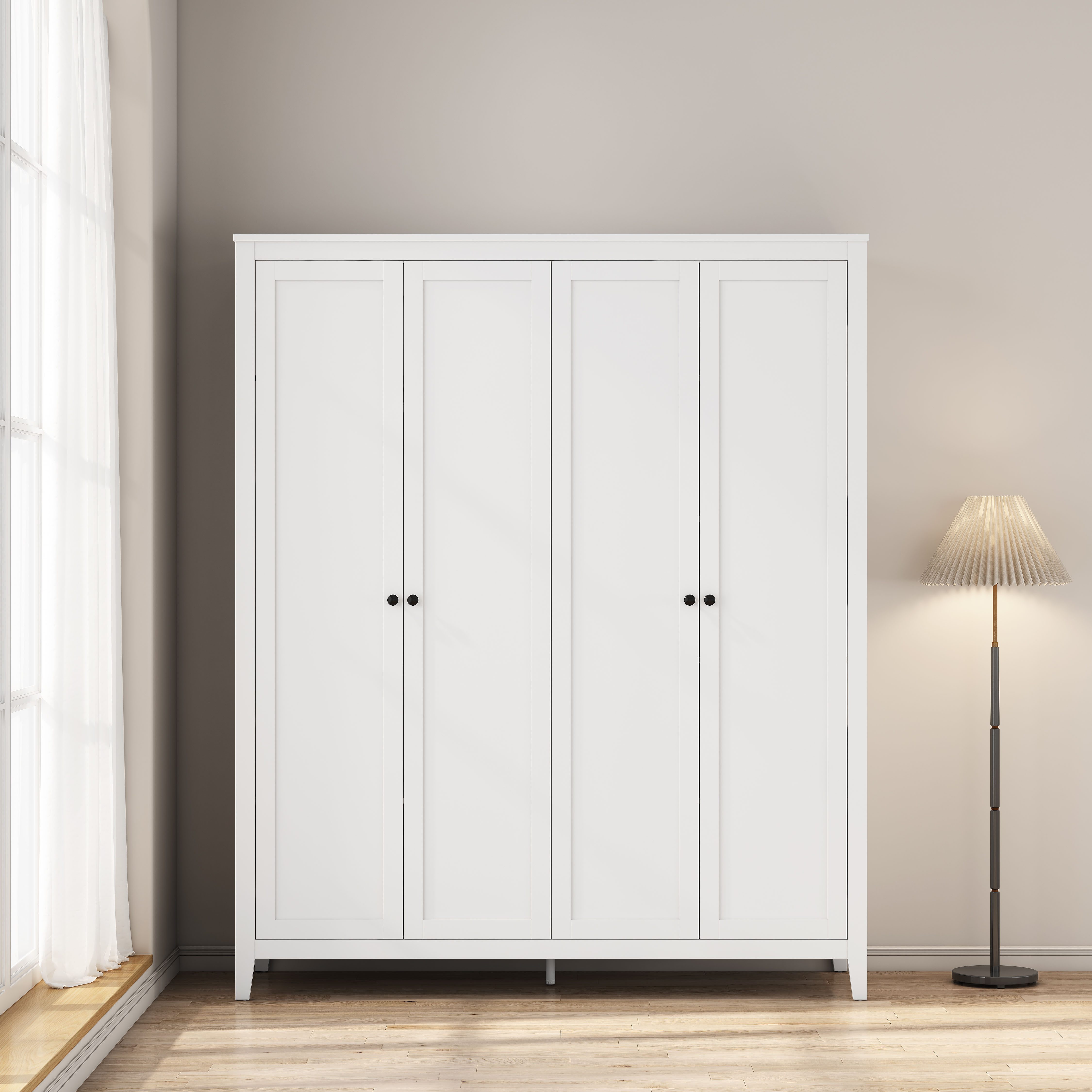 OTTO home Kleiderschrank Borkum Sideboard Anrichte mit 6 Schubladen Landhaus weiß (schwarze Griffe aus Metall) Schlafzimmerschrank mit 6 Böden und Kleiderstange, 4 Türen